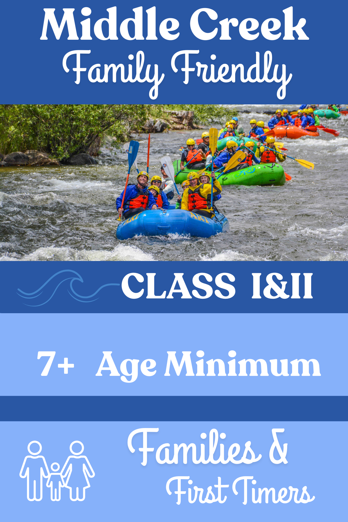 A group of people in colorful life jackets and helmets kayaking on a river with green trees in the background
