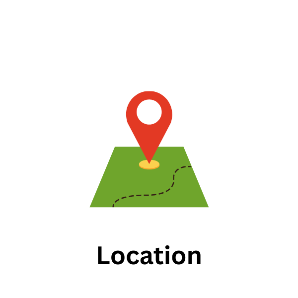Icon of a map with a red location pin marker on a green terrain with a dashed trail line.