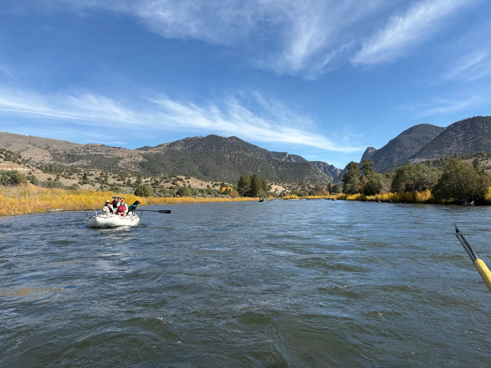 Guided overnight rafting trip on the Upper Colorado River with rafts floating through a wide canyon surrounded by mountains and fall foliage