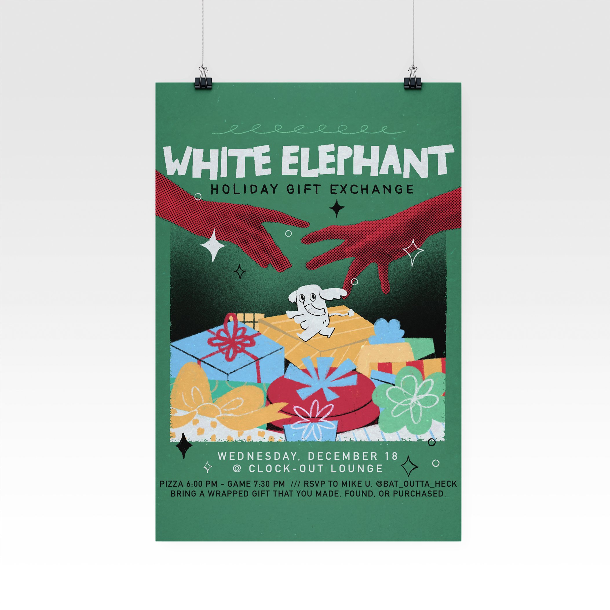 flyer for friend's White Elephant event.