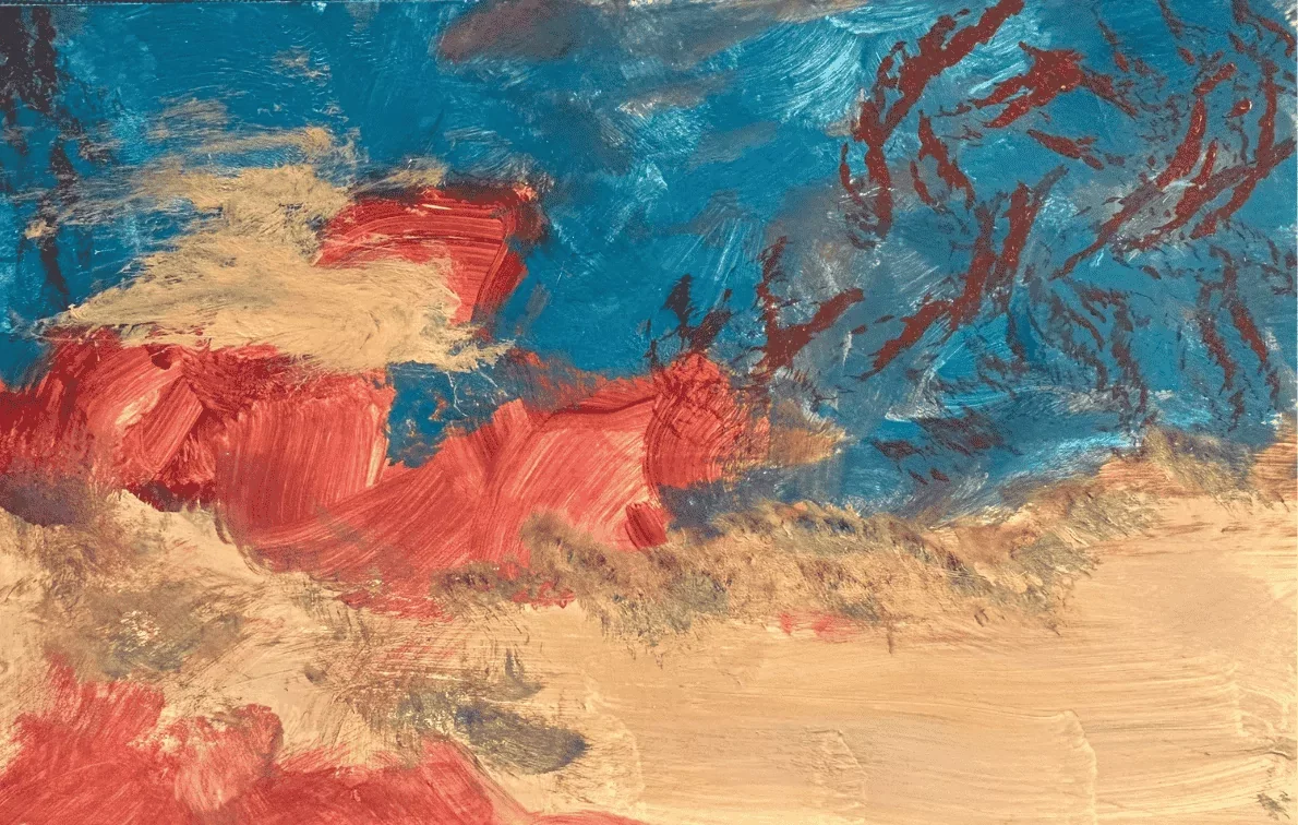 Abstract painting with blue sky, red clouds, and beige land with rough brushstrokes.