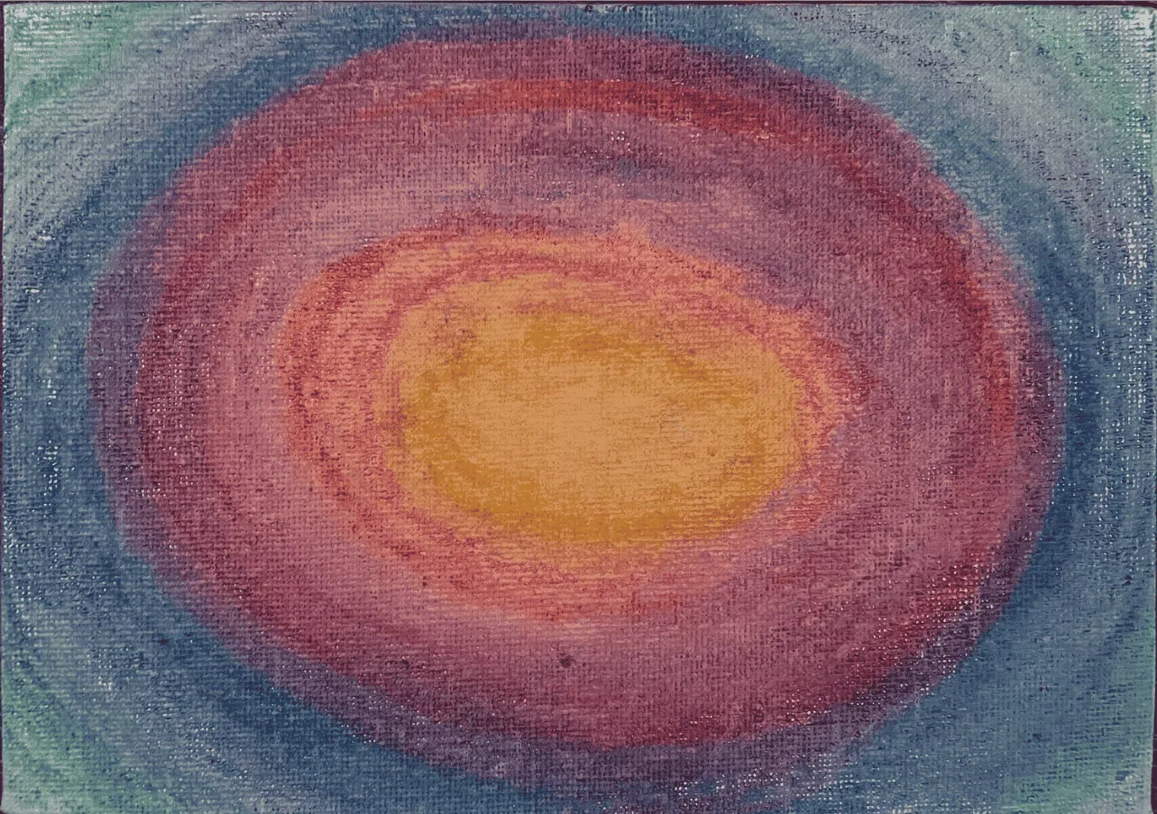 Abstract painting with concentric rings of yellow, pink, purple, and blue colors.