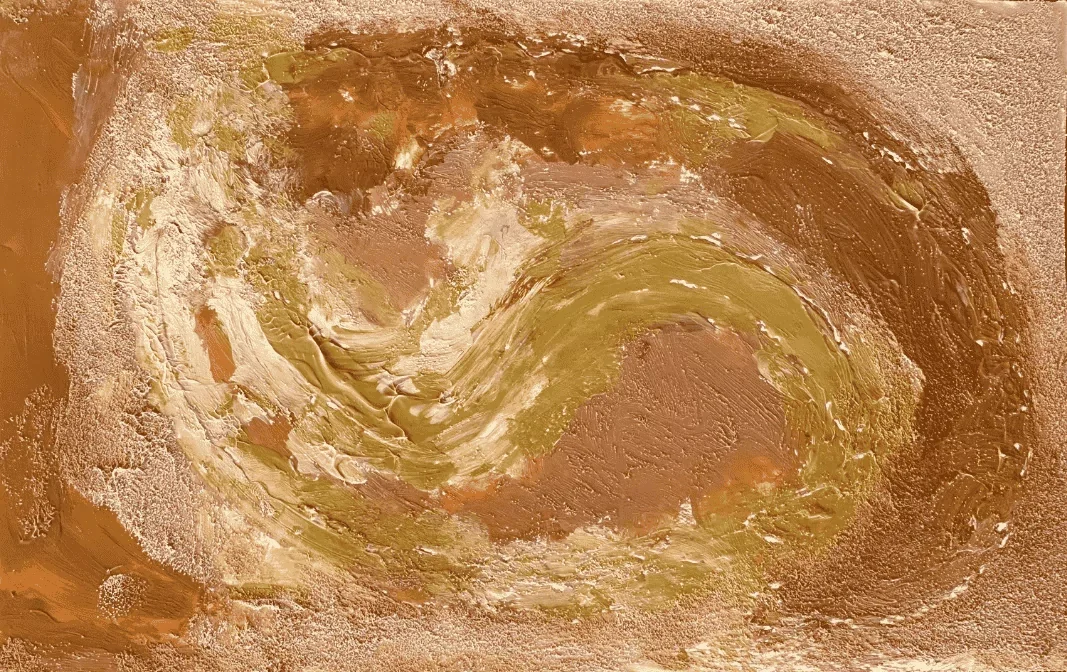 Abstract painting with swirling textures in shades of beige, gold, and brown.
