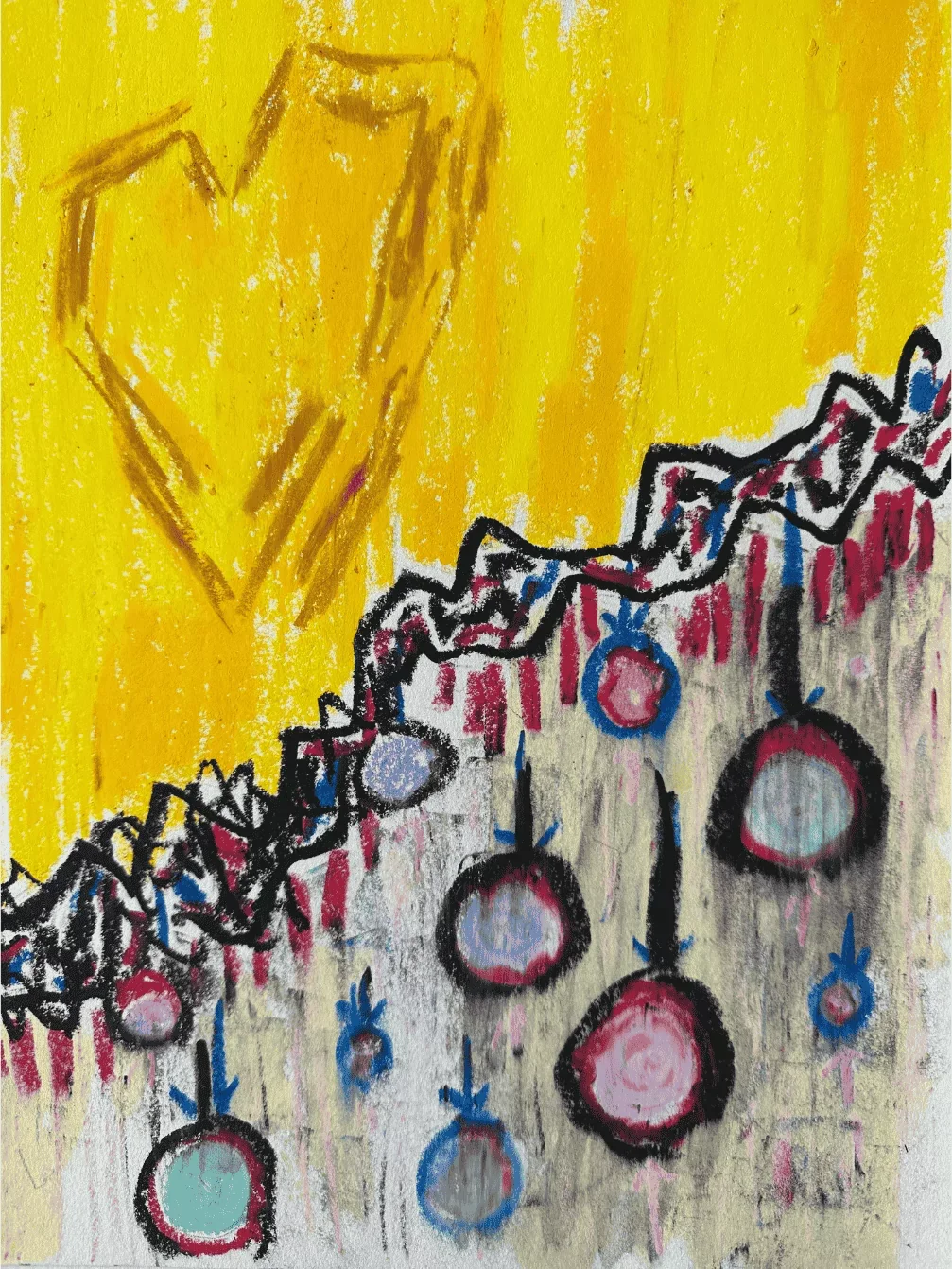 Abstract artwork featuring a yellow background with a brown line drawing of a cup, and multicolored circles with black outlines hanging and connecting from a jagged black line.