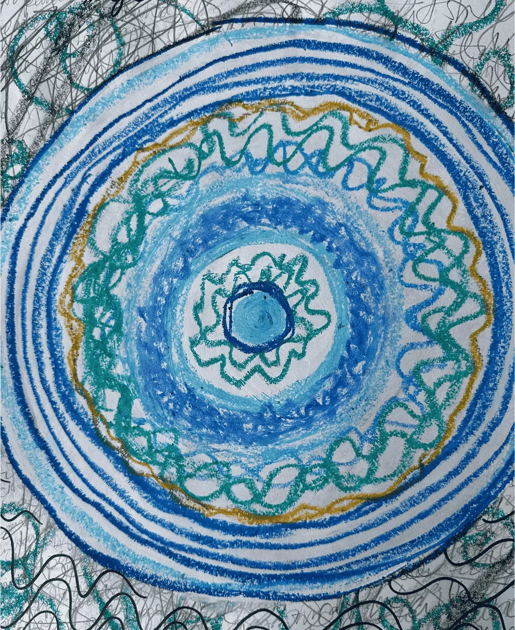 Abstract drawing with concentric circles in blue, gold, and teal colors, with scribbles and patterns surrounding the circles.