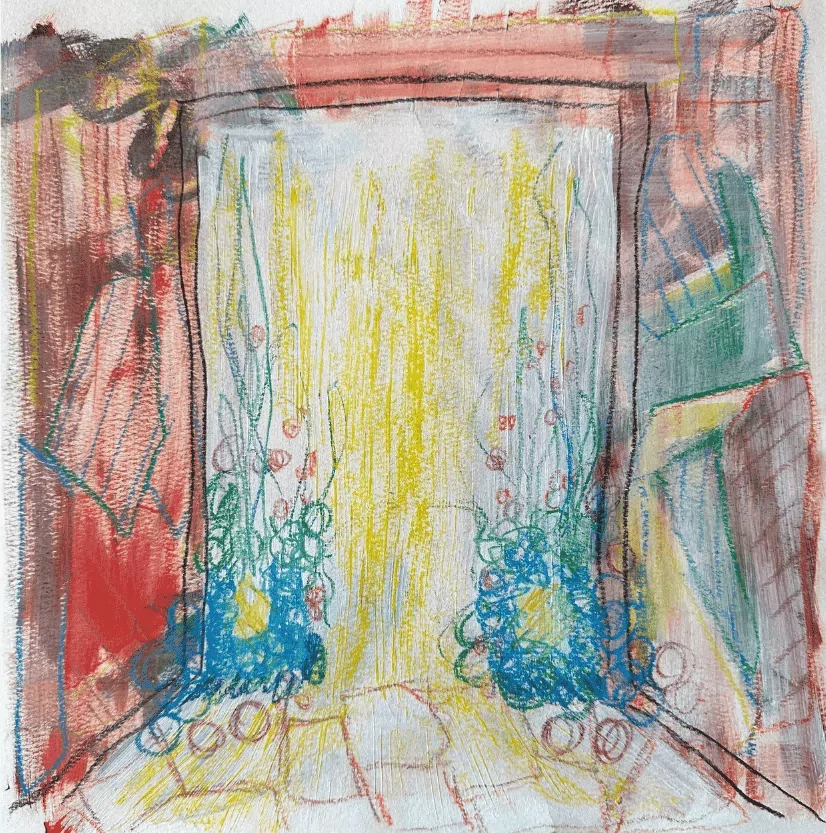 Colorful sketch of a doorway with a light shining through, surrounded by shelves and objects.