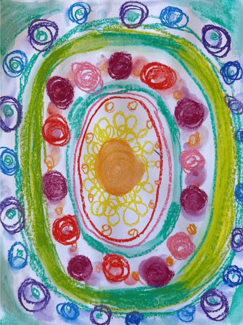 Colorful abstract drawing with concentric ovals and circles in various colors including yellow, orange, red, purple, blue, and green.
