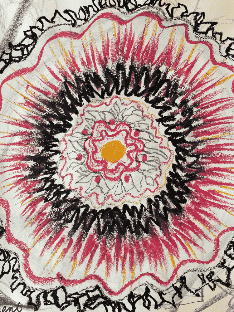 A colorful, stylized flower with yellow, pink, black, and white elements.
