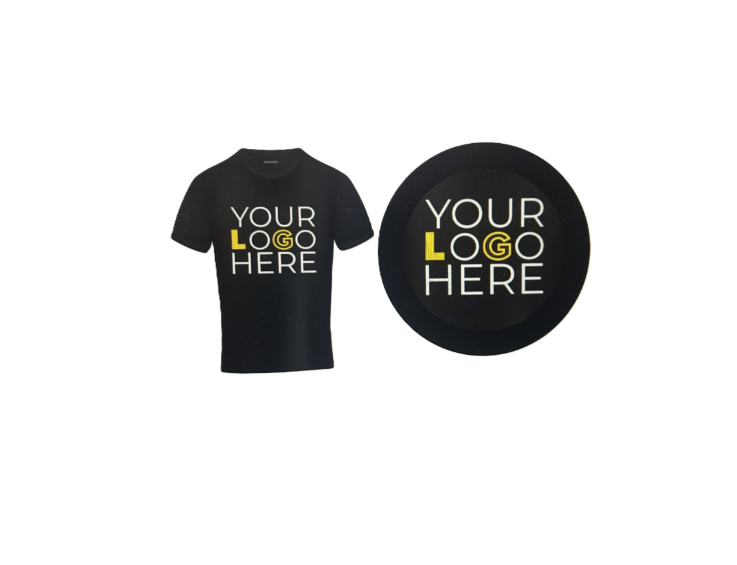 Black t-shirt and round coaster with 