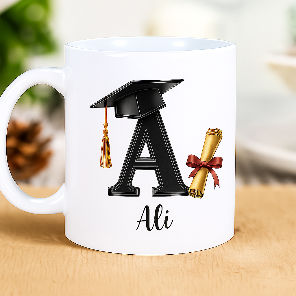 White graduation-themed mug with a black graduation cap and tassel, a golden diploma tied with a red ribbon, and the name 'Ali' written below.