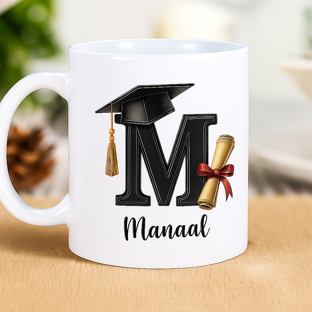 White mug with a graduation cap, a rolled diploma tied with a red ribbon, and the letter 'M' on it, with the word 'Maanal' written below.