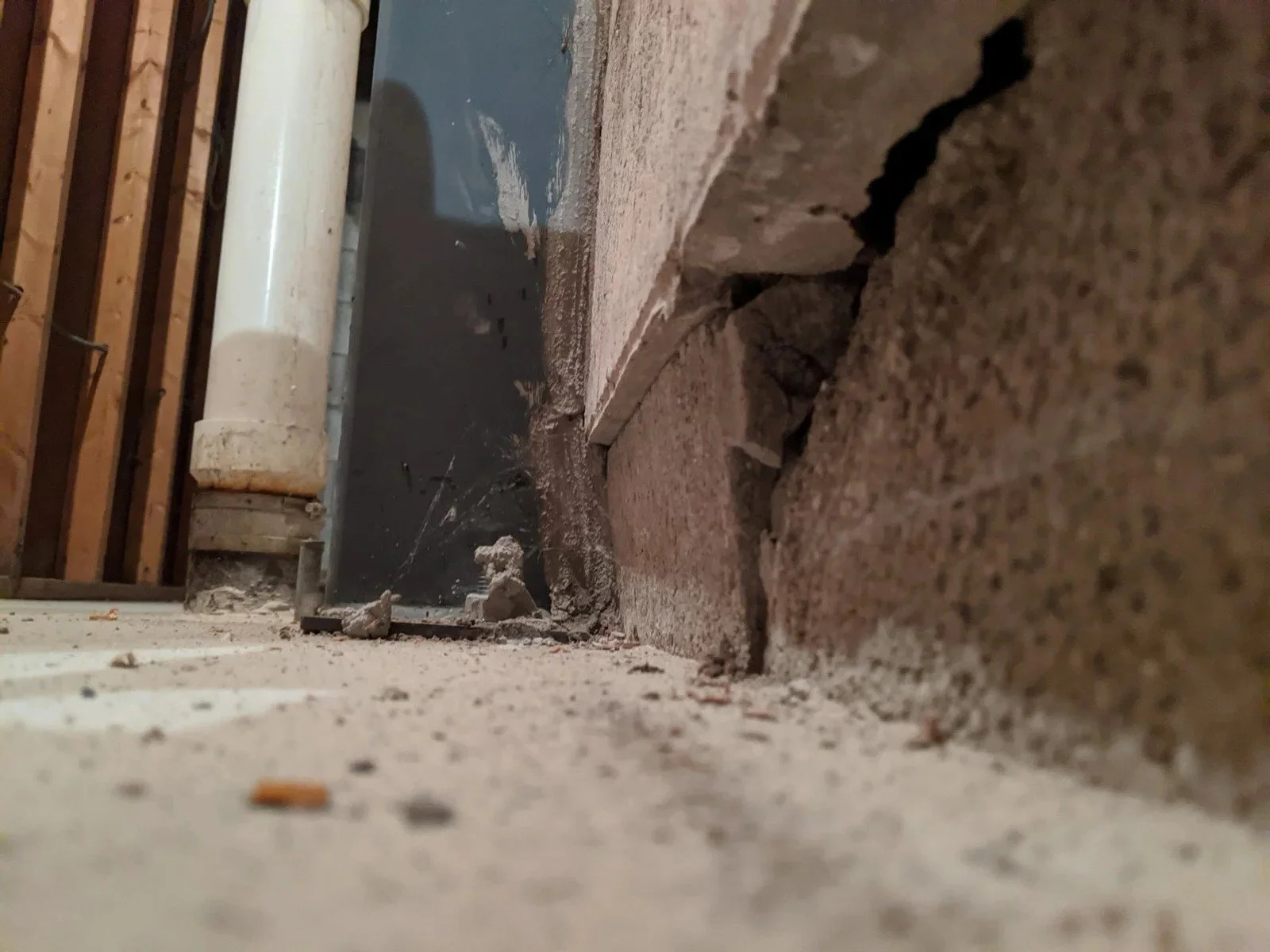 Two inches of shear with recent bracing beside it. Seepage at the sheared joint.