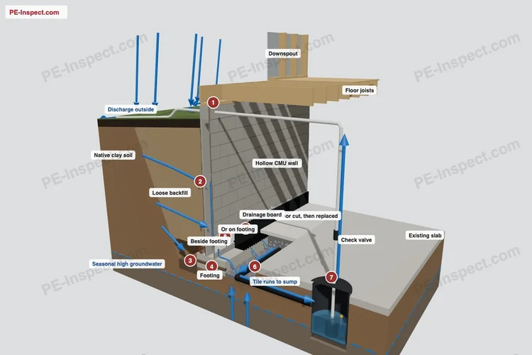3D model of a block foundation wall with a drain tile system and water flow arrows