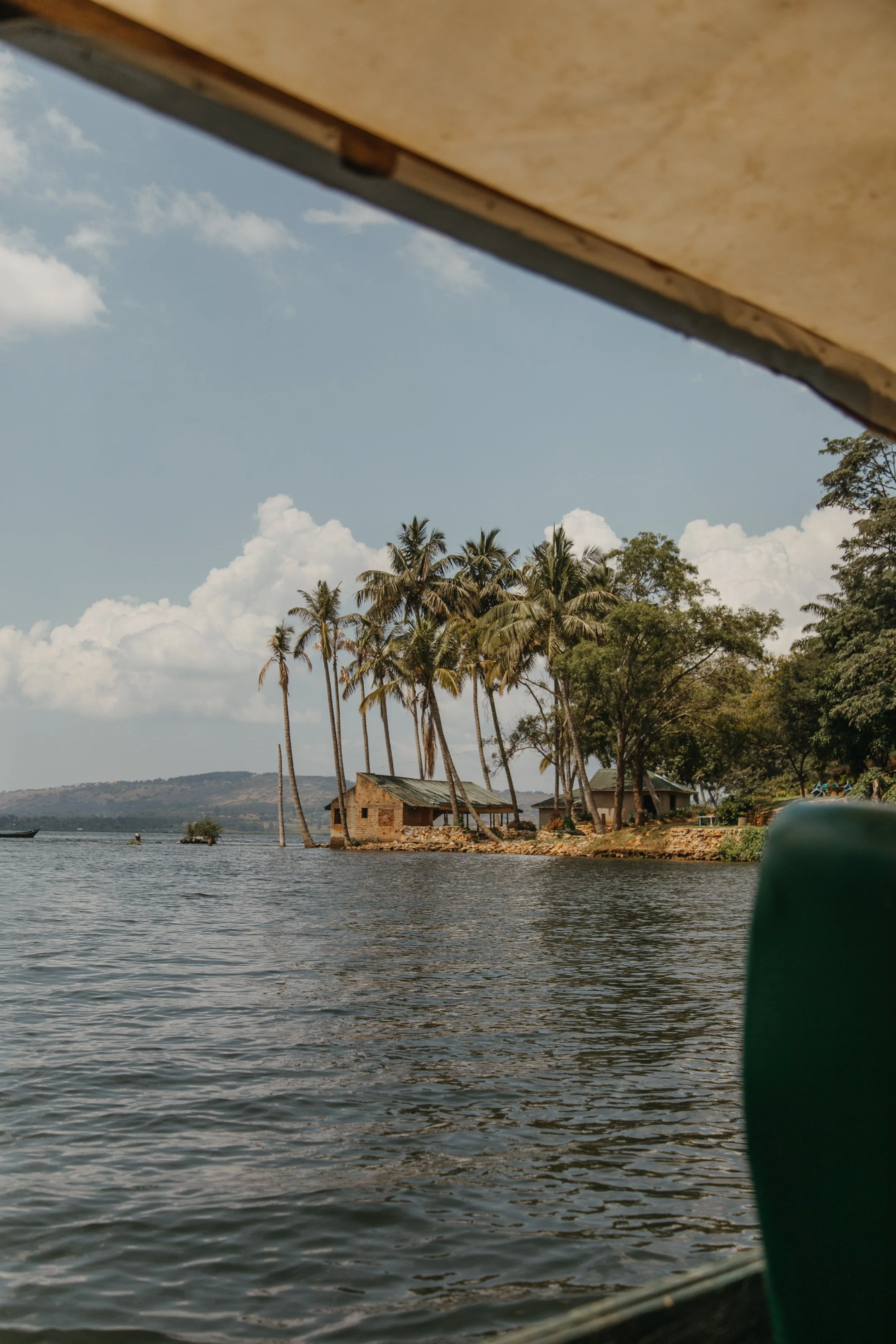 View from a boat shows calm water, a small lakeside village with rustic houses, tall palm trees, and a partly cloudy sky.