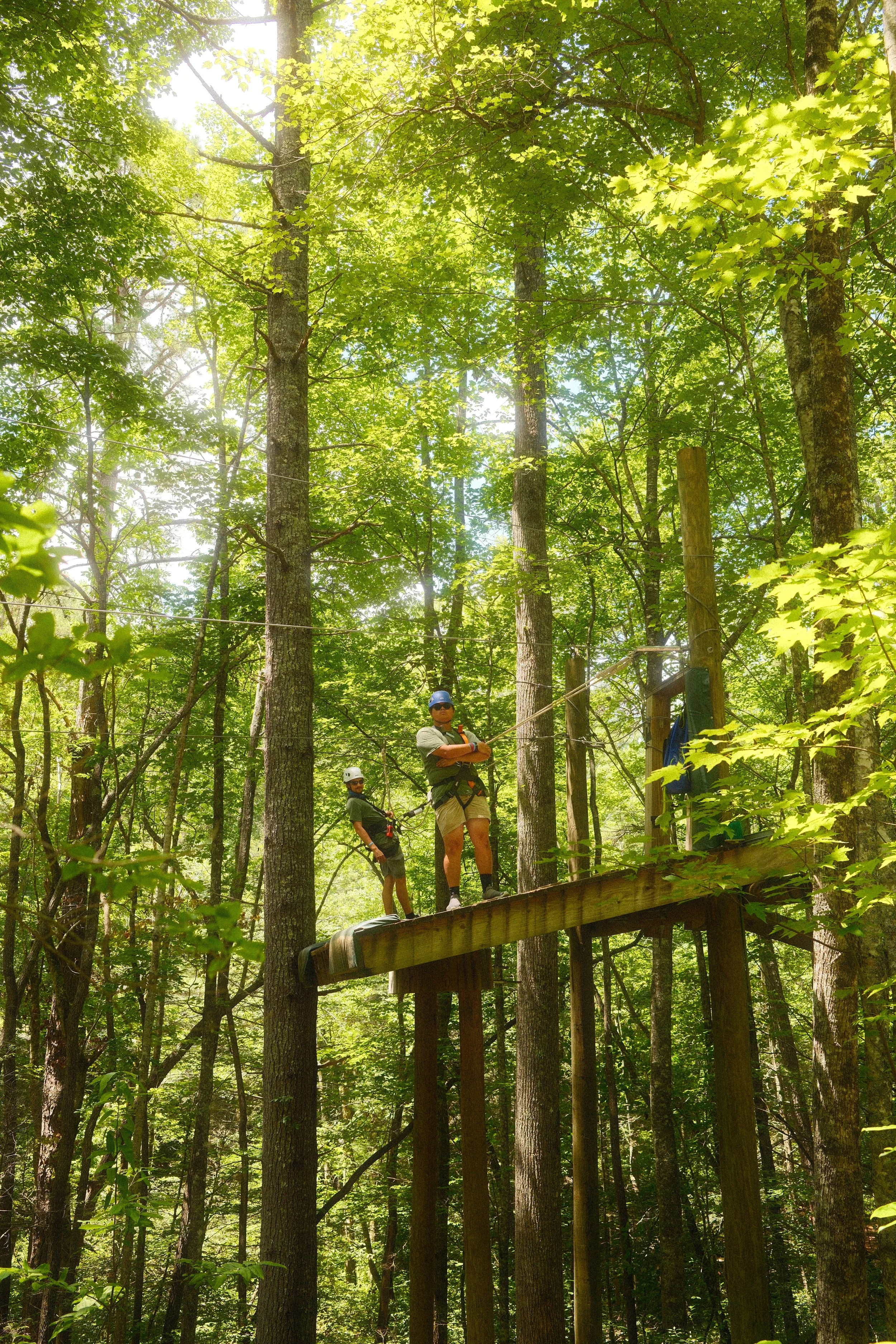 People on an elevated platform in a forest, wearing safety harnesses and helmets, likely participating in a ziplining or canopy walk adventure.