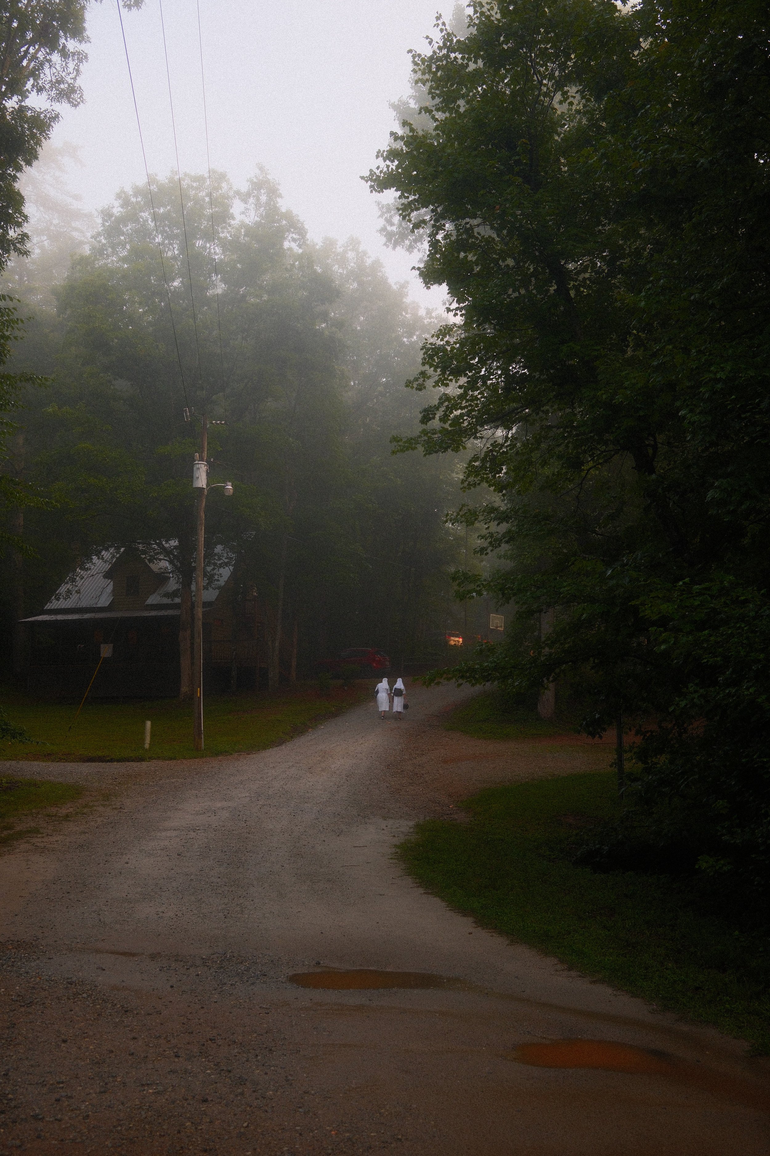 A foggy rural dirt road surrounded by lush green trees, with two people dressed in white walking away in the distance.