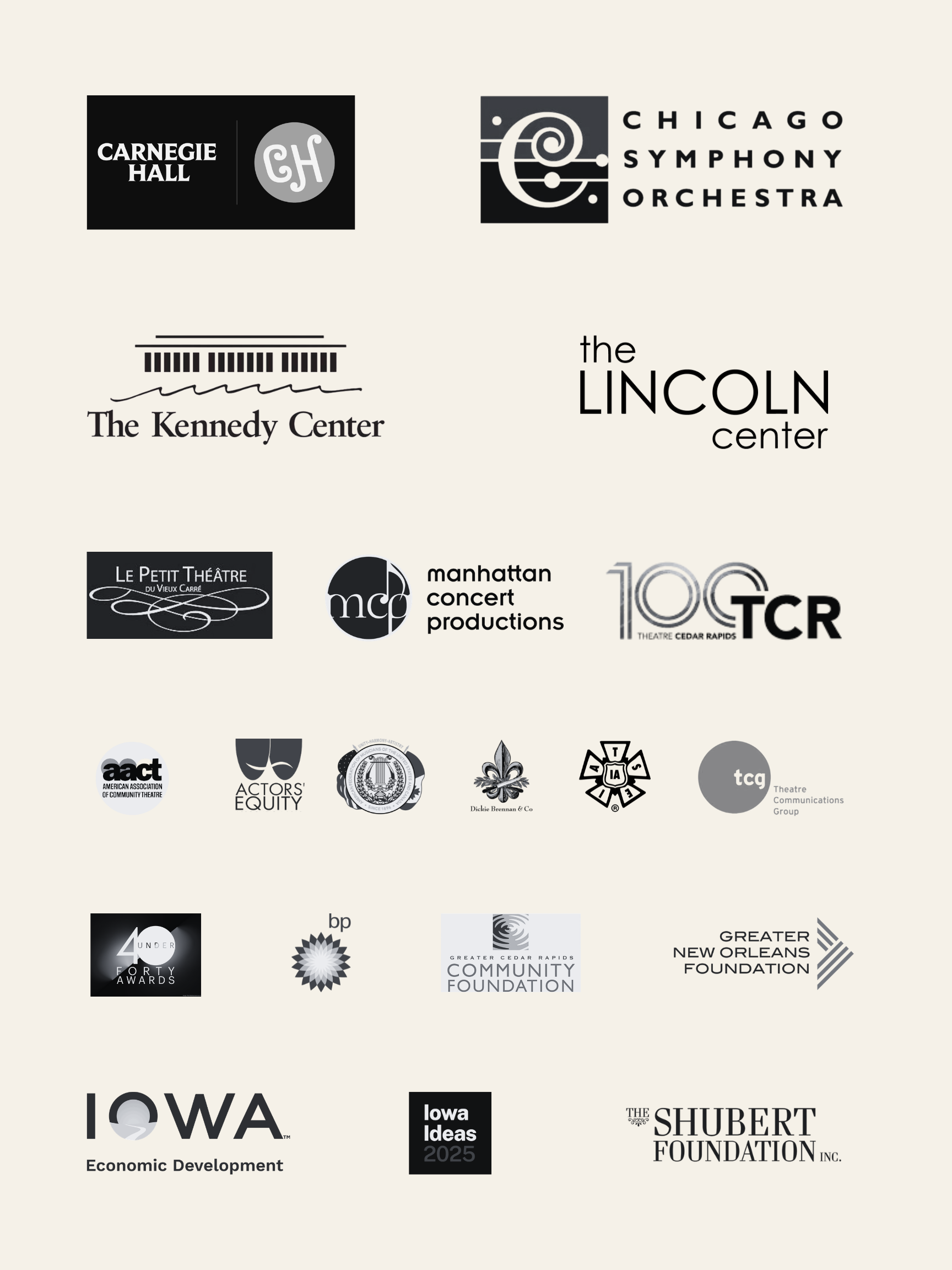 A collage of various logos for organizations and events, including Carnegie Hall, Chicago Symphony Orchestra, The Kennedy Center, The Lincoln Center, theatre awards, community foundations, and initiatives related to Iowa and Greater Cedar Rapids.