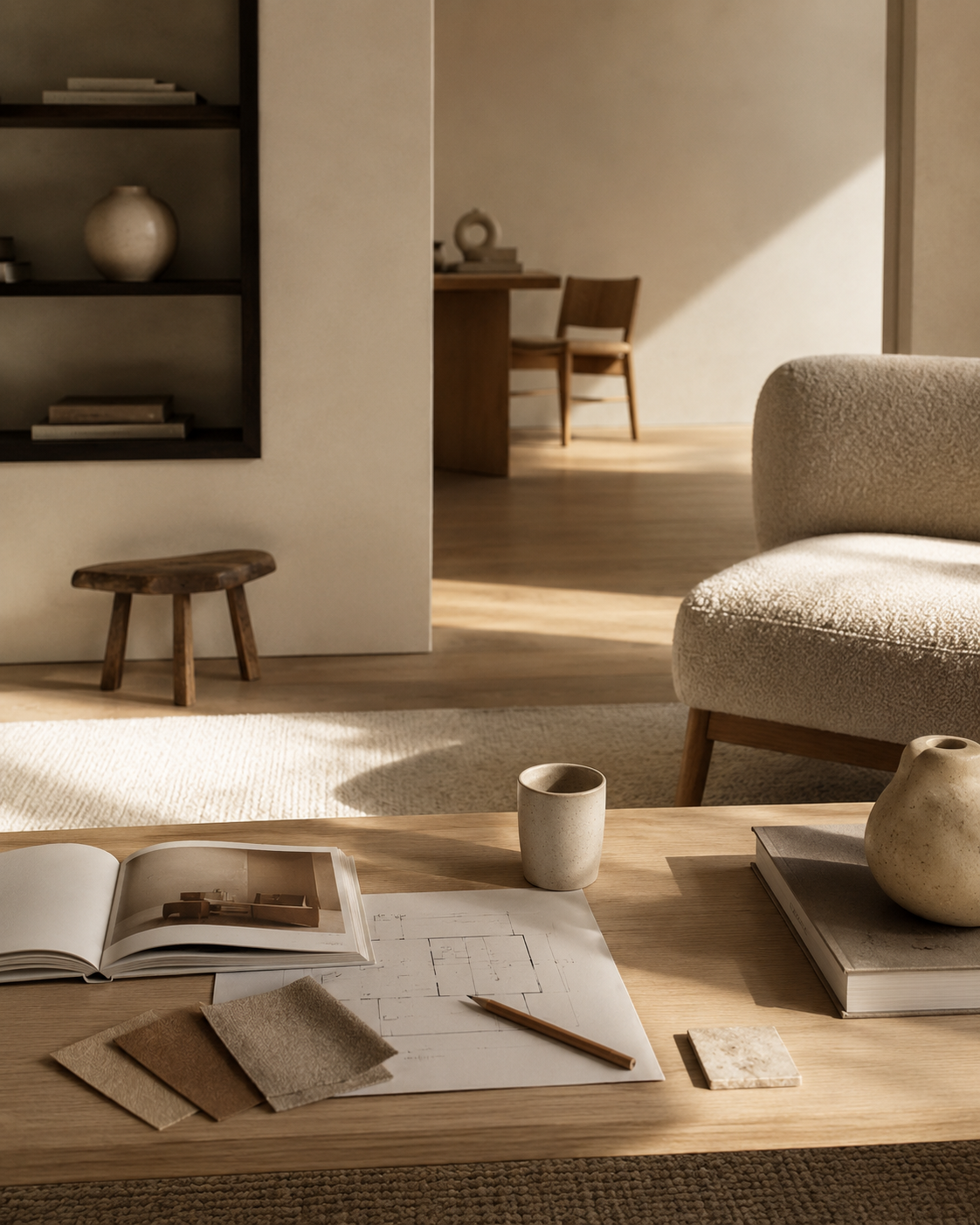 A cozy living room with a wooden coffee table, an open book, fabric swatches, a pencil, a ceramic cup, and decorative vases. A beige armchair and a small stool are also visible, with a background featuring a bookshelf and a dining area with a wooden chair.