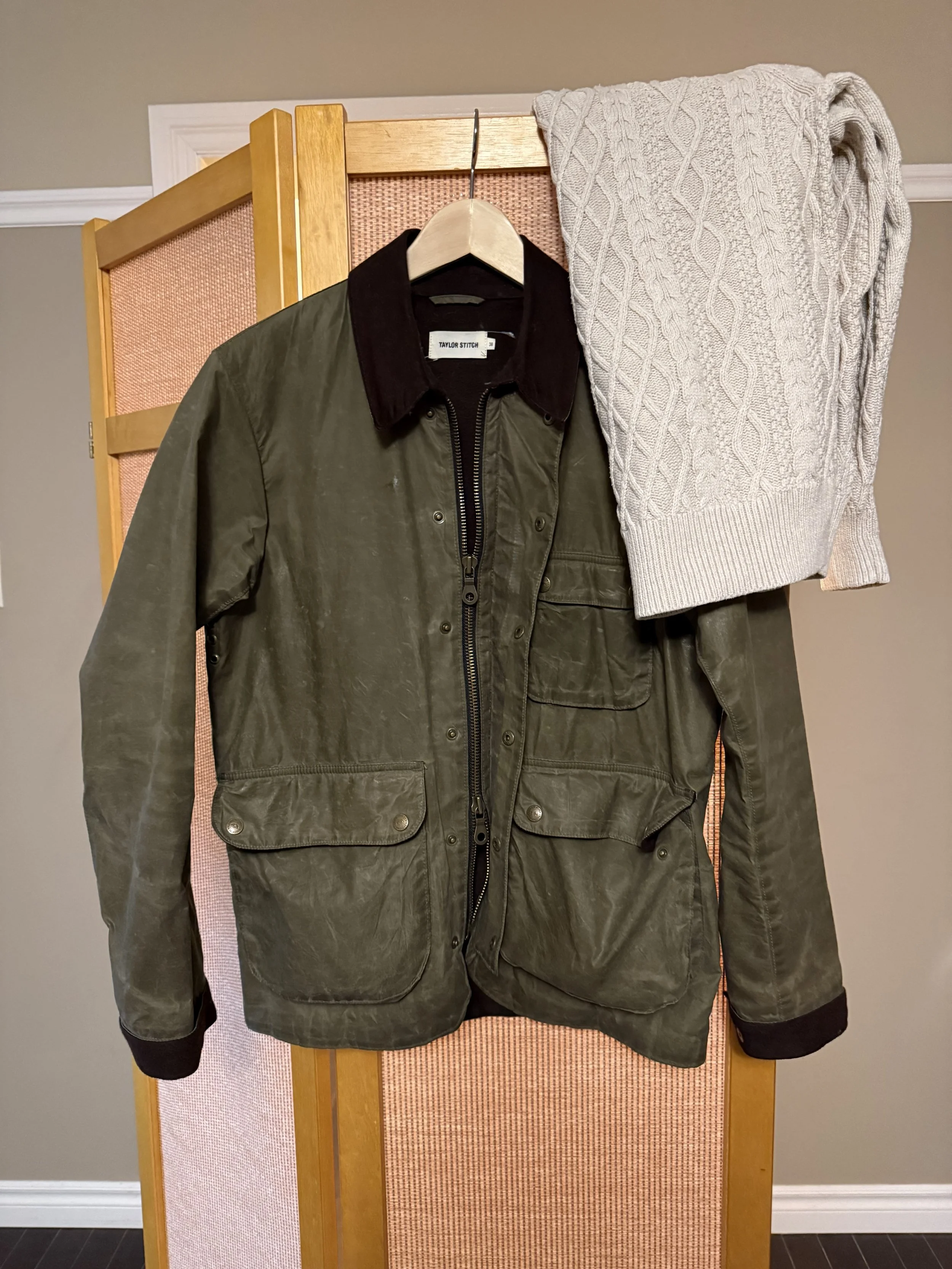 Taylor Stitch Waxed Jacket with Fisherman Sweater