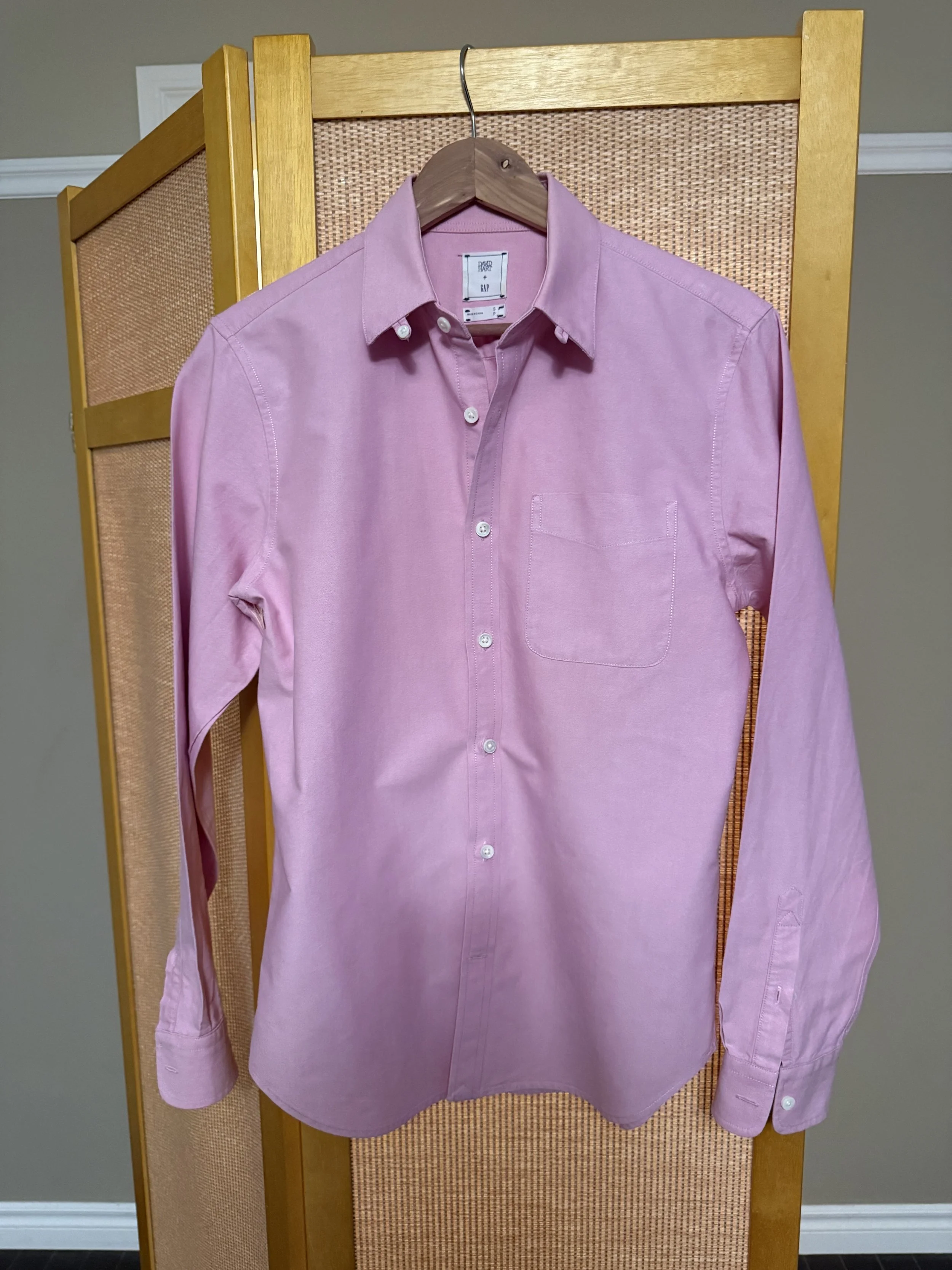 Pink OCBD from Gap x GQ collab (David Hart)