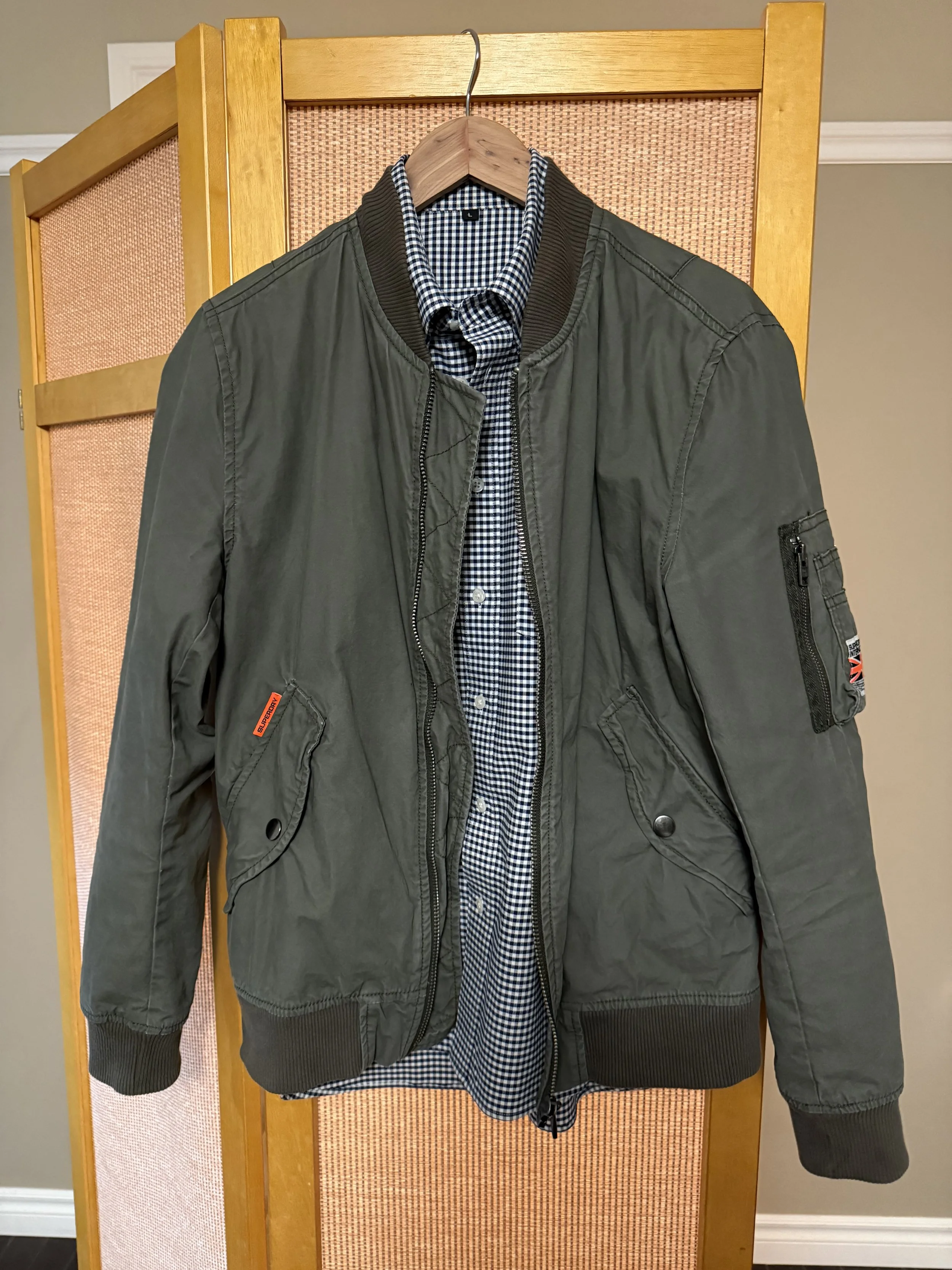 Super Dry Bomber Jacket with Muji Gingham Shirt