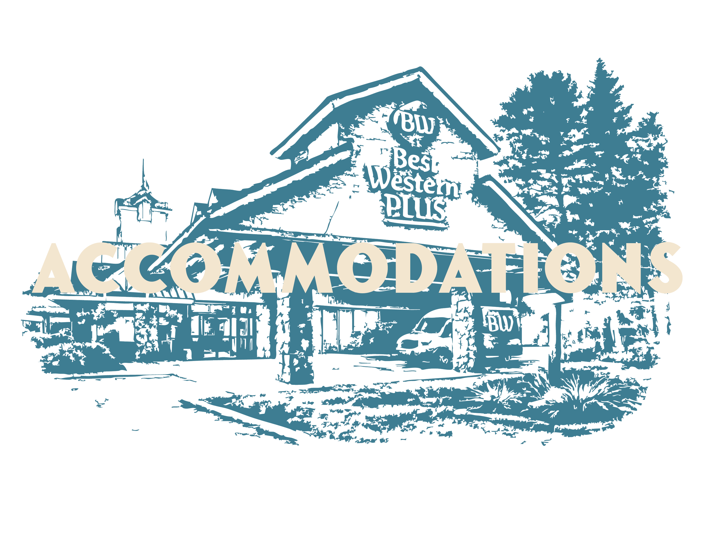 Illustration of a  'Best Western Plus', Gran Tree Hotel in Bozeman, MT location for   for Montana Area 40 | District 72 Roundup overlaid with the word 'ACCOMMODATIONS'.