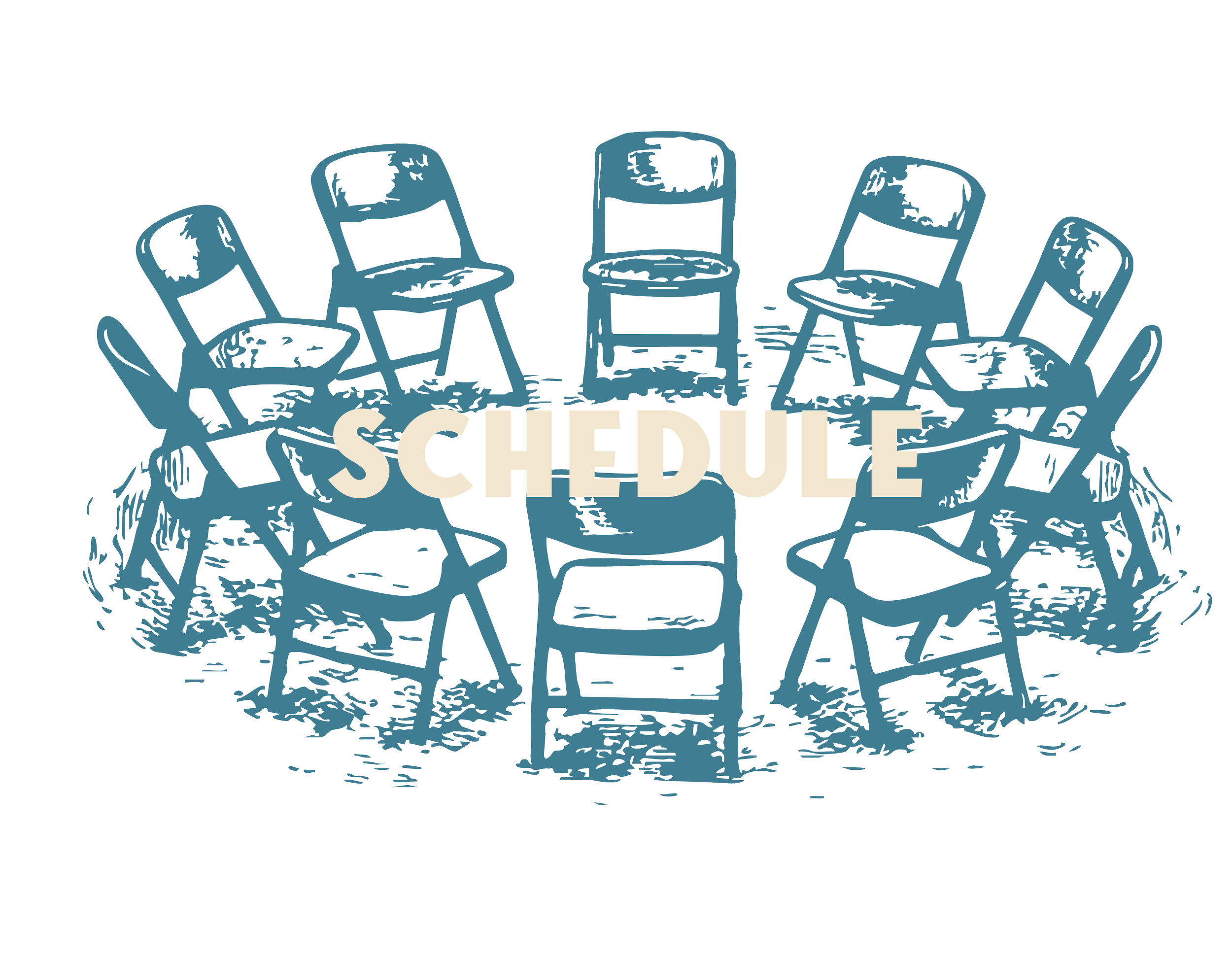 Illustration of several chairs arranged in a circle with the word 'SCHEDULE'  for Montana Area 40 | District 72 Roundup