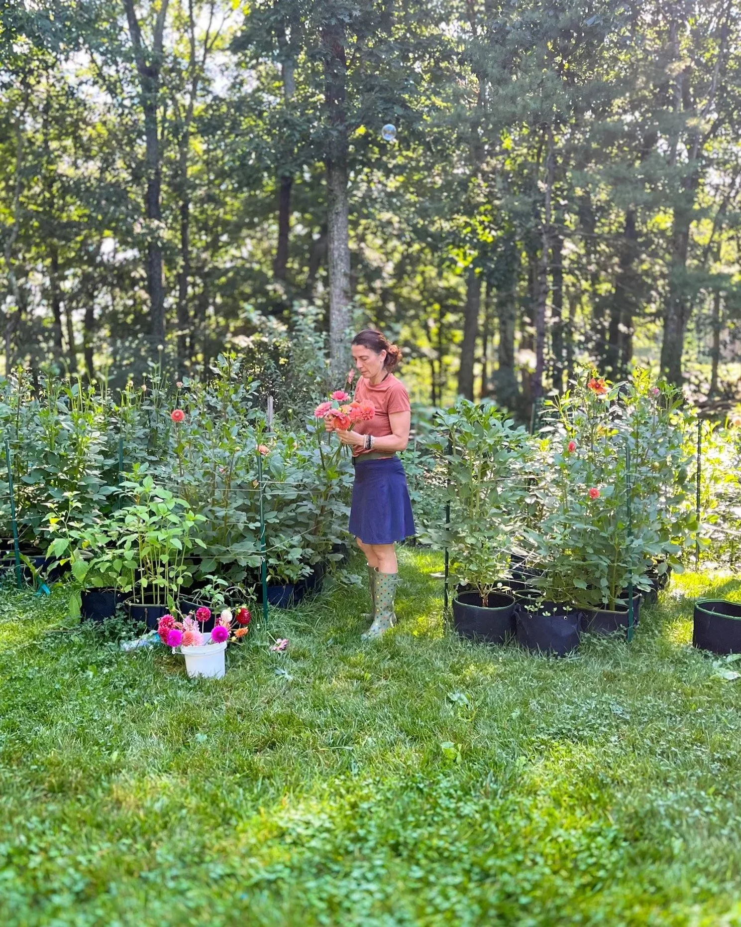 Woman in a pink shirt and blue skirt standing in a garden with potted pink and red flowers, holding a bouquet, surrounded by lush green plants and trees.