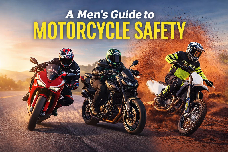 A Men's Guide to Motorcycle Safety - image with 3  motos