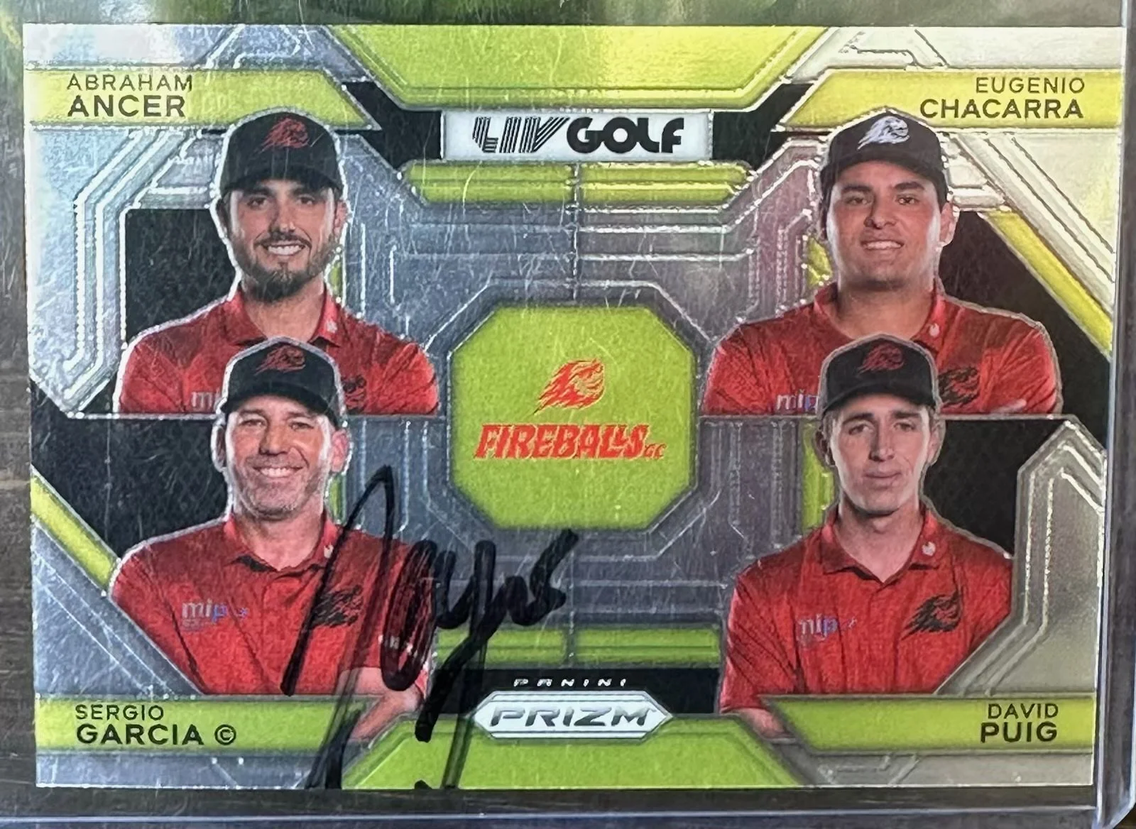 Autographed Panini Prizm Fireballs hockey trading card featuring four players in red jerseys with black caps, with the Fireballs logo in the center.