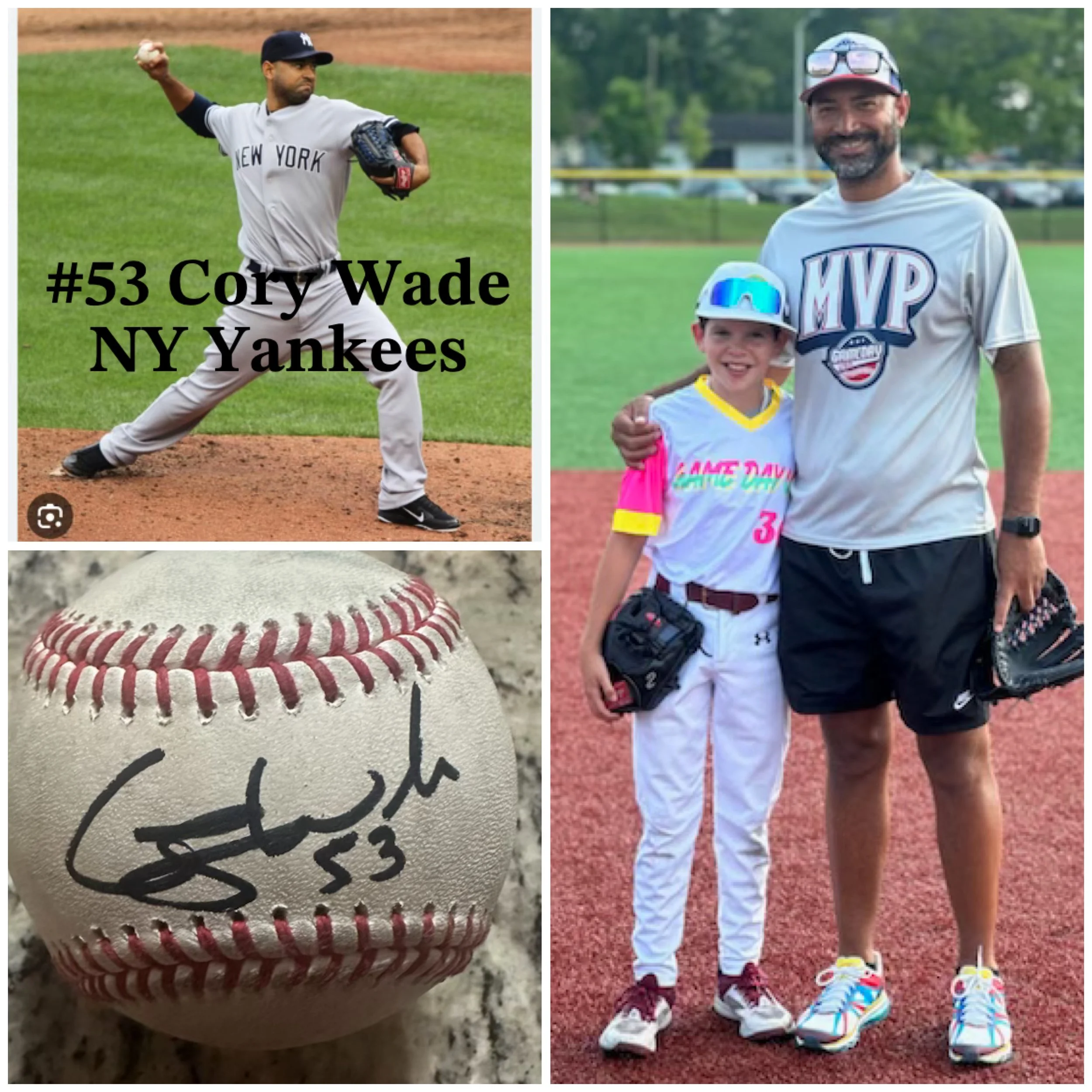 Collage featuring a baseball player in a white New York Yankees uniform pitching on the field, a close-up of an autographed baseball, and a man and girl in baseball attire posing on the field.