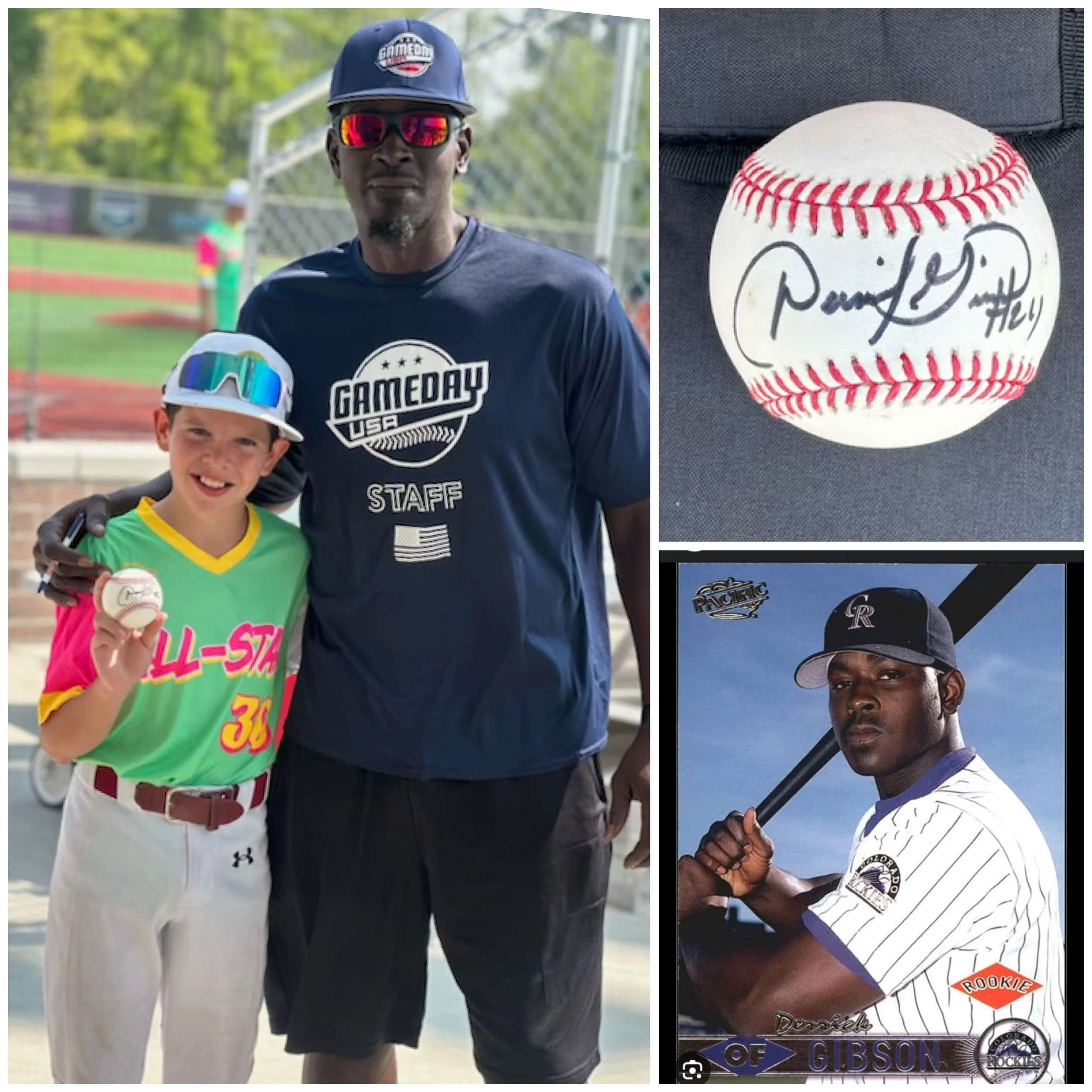 A young boy in baseball uniform holding a signed baseball, standing next to a coach in a baseball-field setting. The baseball features an autograph, and there are two additional images of baseball players, one with another signed baseball and another