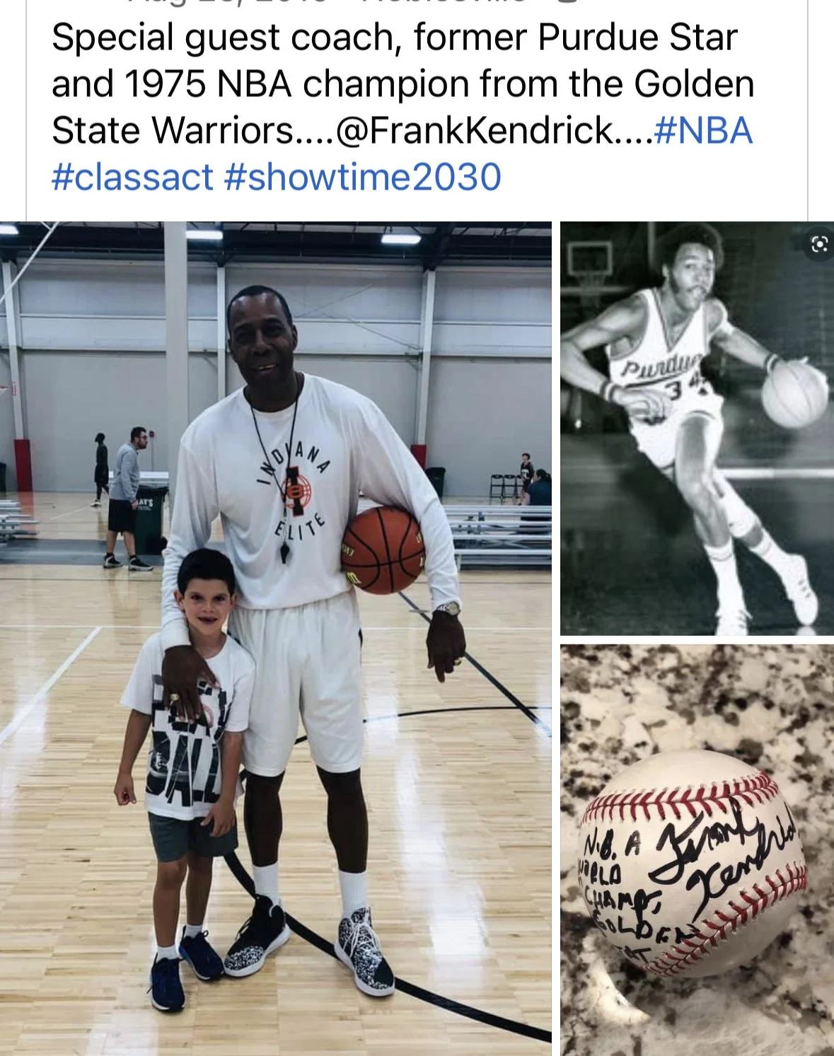 In the main image, a tall basketball player and a young boy stand on an indoor basketball court. The player wears a white Indiana Elite shirt and shorts, holding a basketball, with his arm around the boy, who is wearing a striped shirt. The top right