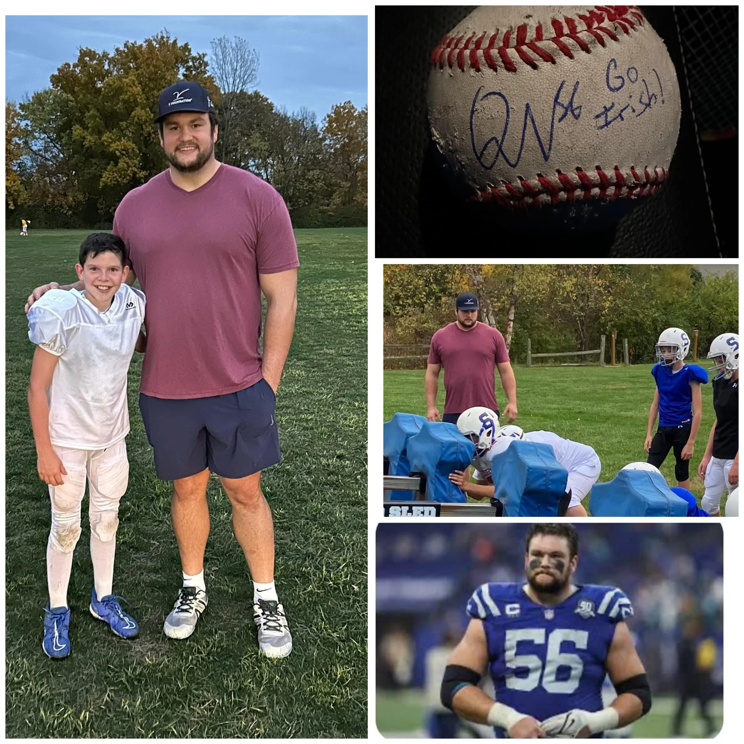 A collage of five photos. The main photo shows a man and a boy smiling outdoors on a grassy field, with trees in the background. The second photo shows a signed baseball. The third photo displays a football practice with players and a coach on the fi