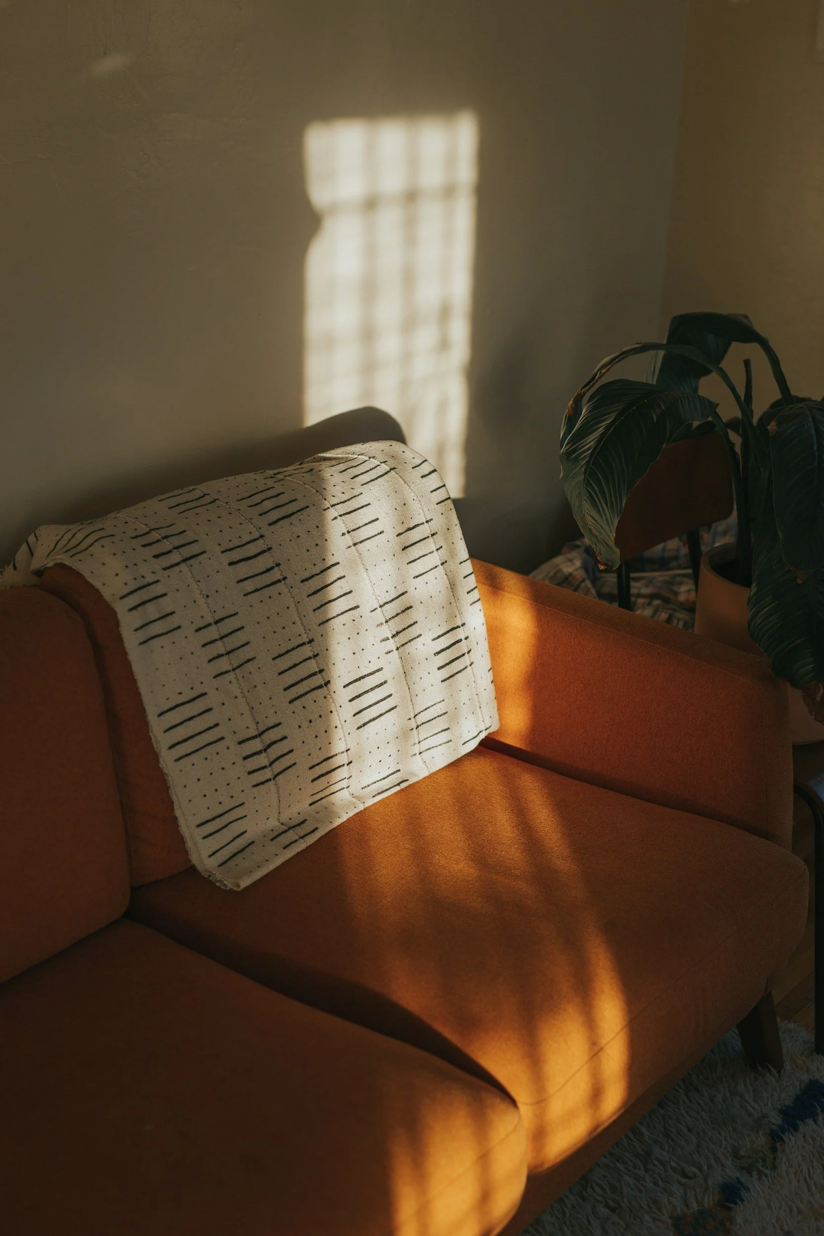Sunlight filters through a window with a grid pattern onto a beige sofa with a patterned white and black blanket draped over the arm.
