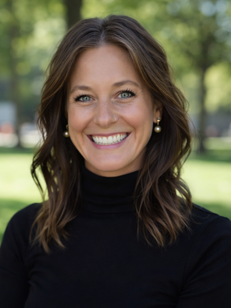 A smiling woman with shoulder-length brown hair, blue eyes, wearing pearl earrings and a black turtleneck, standing outdoors in a park with trees and sunlight in the background.