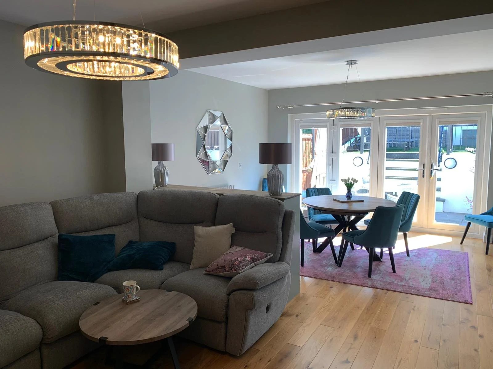 Open-plan lounge and dining area fully redecorated with modern grey colour scheme in Maldon