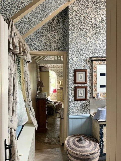 Bathroom full redecoration including wall and ceiling wallpaper installation in Tollesbury, Essex statement finish by Bergman Decorations 