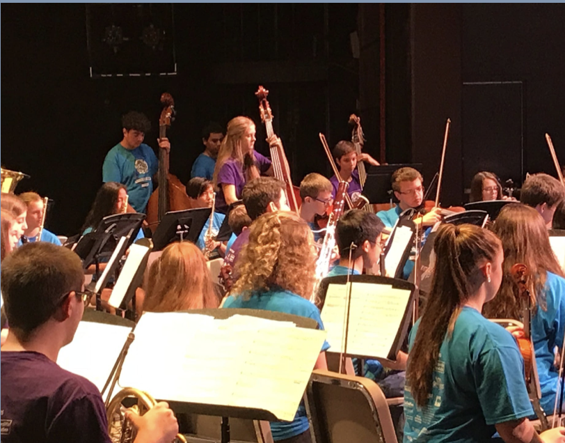 A group of young students playing musical instruments in an orchestra, some holding violins and others playing woodwind instruments, on stage during a performance.
