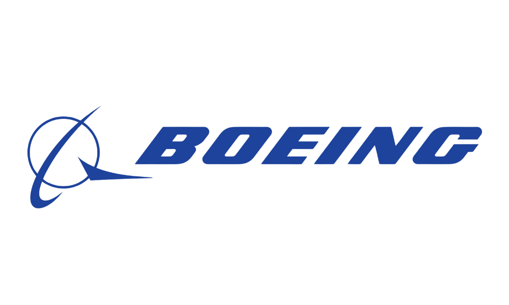 Boeing logo with a stylized airplane graphic and the word 'BOEING' in bold blue letters.