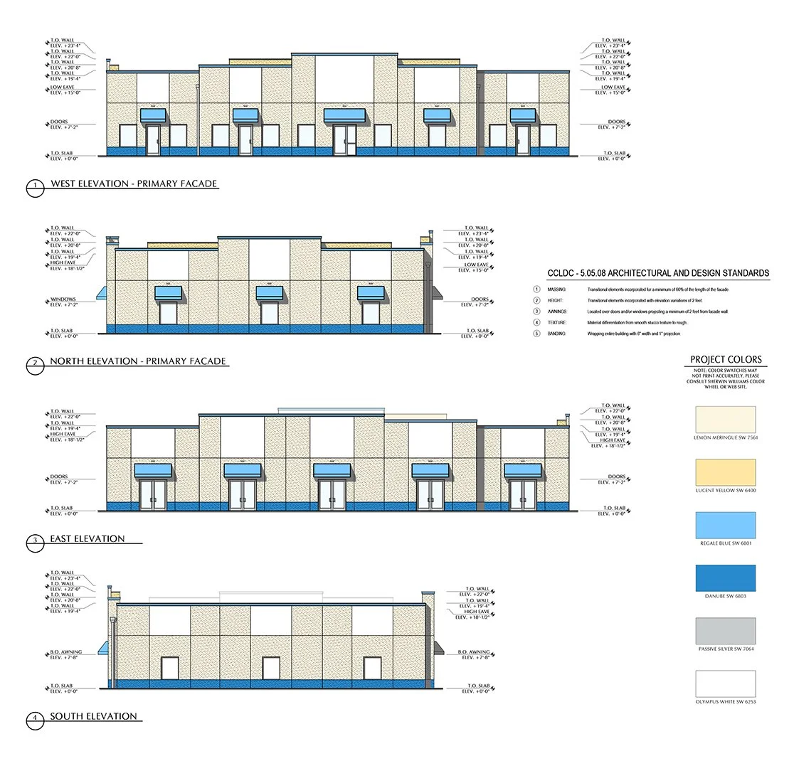 Architectural elevation drawings of a building's west, north, east, and south facades, with annotations for dimensions, colors, and materials. Includes project color palette with specific color codes.