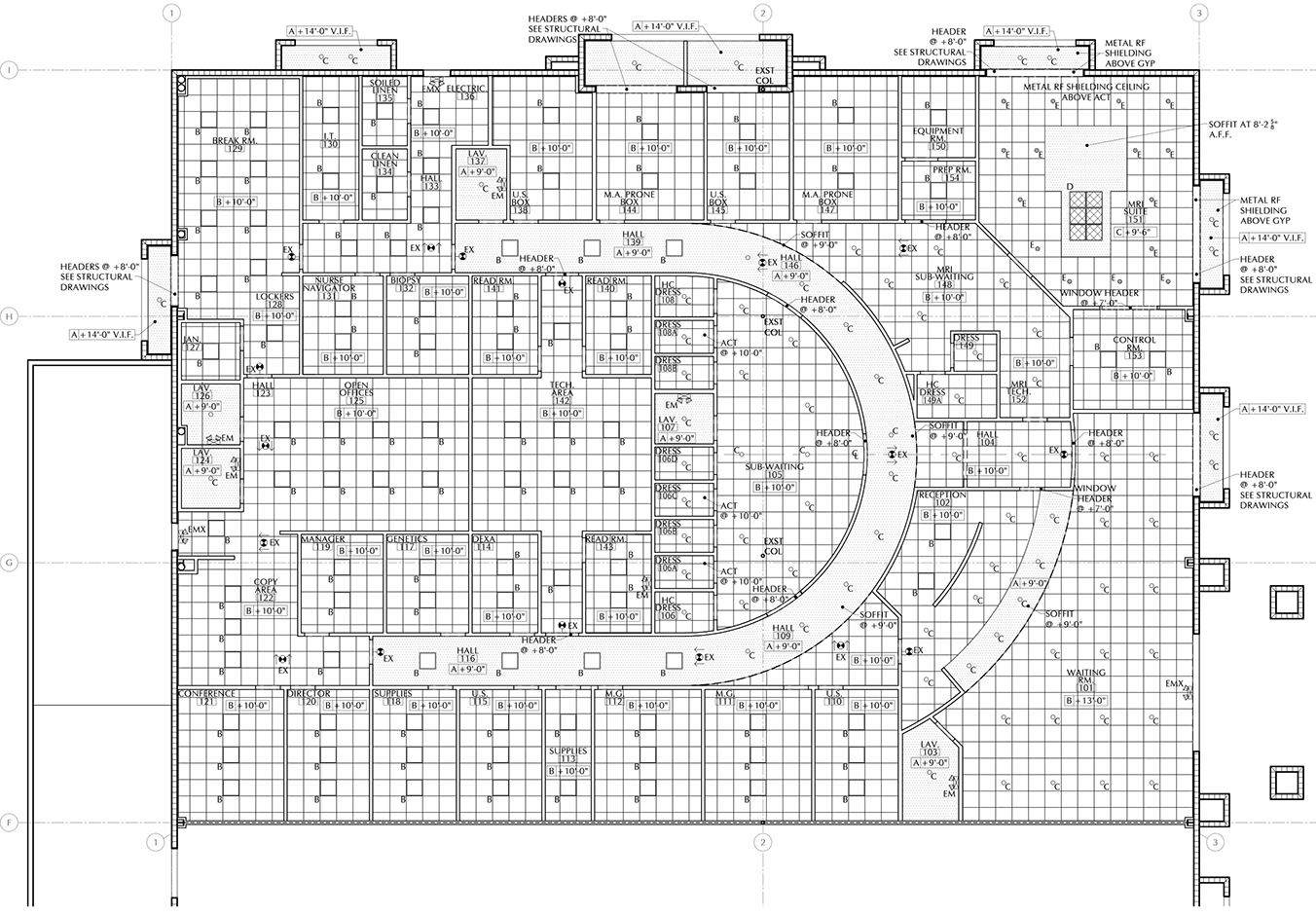 Architectural reflected ceiling plan for an MRI, radio frequency interference protection, and the hazard of toxic vapors and gasses within a medical facility, showing equipment, separations, and an existing structure being re-purposed for a new use .