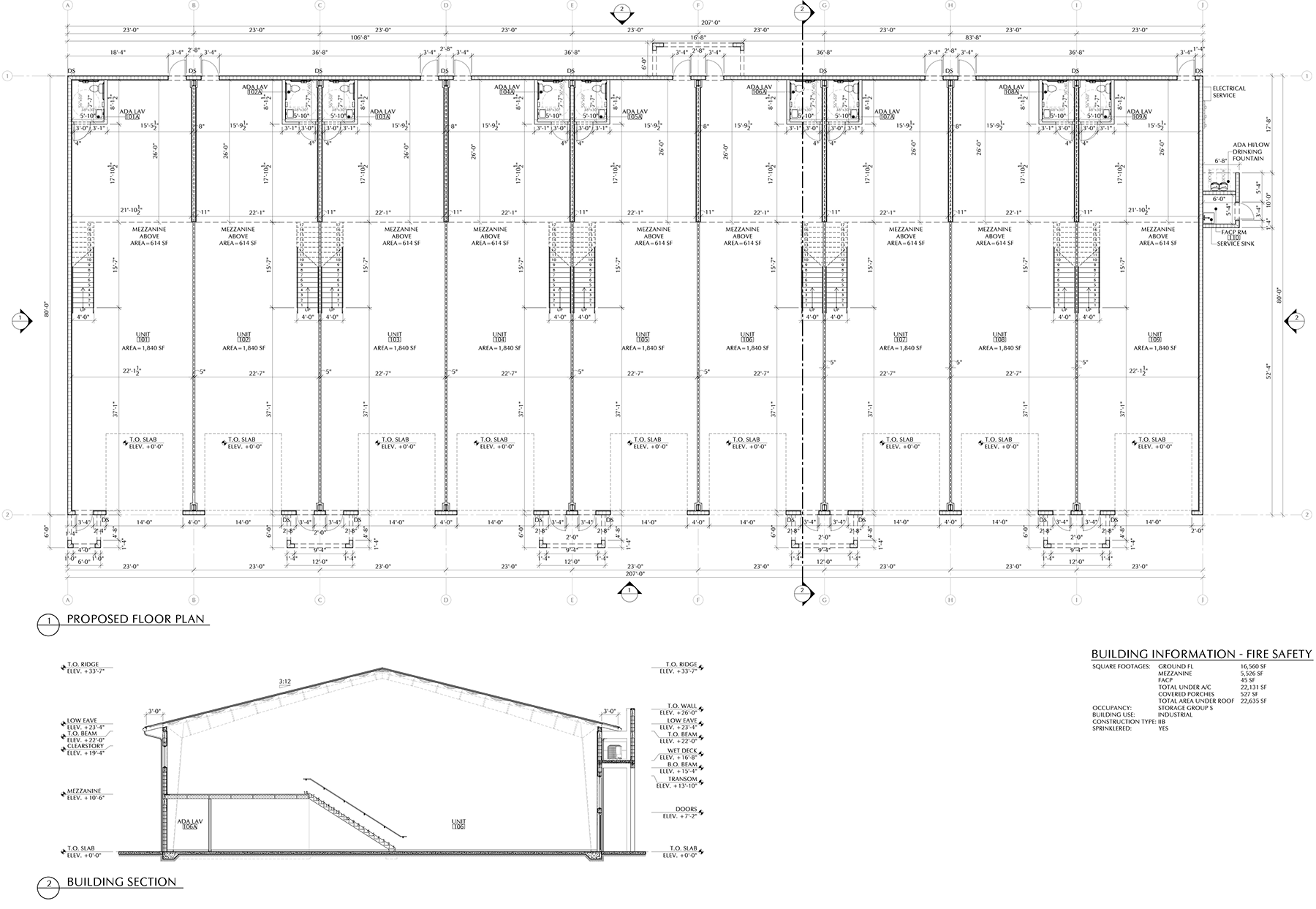 Architectural blueprint of a proposed building floor plan and section view, including room labels, dimensions, and structural details.