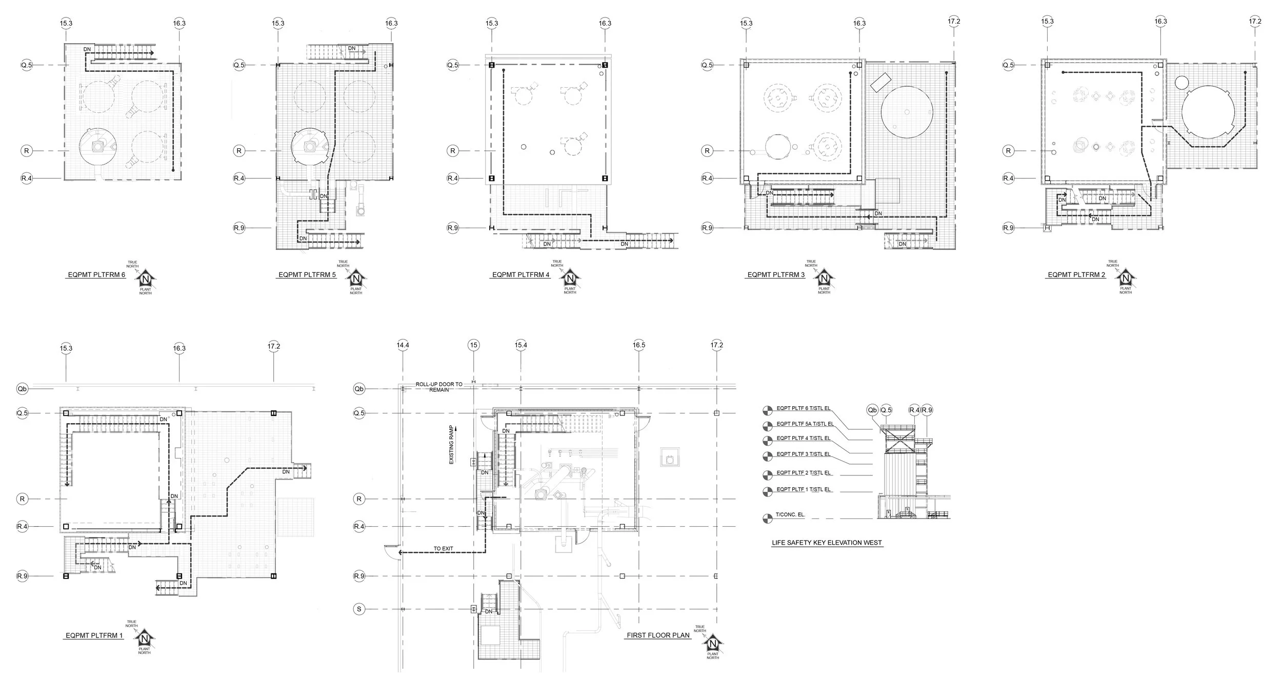 Architectural floor plans of a building showing multiple levels, rooms, staircases, and detailed structural elements.