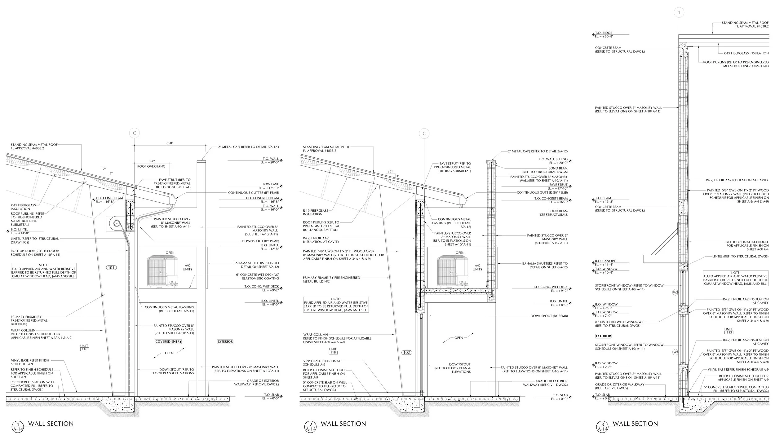 Architectural drawings of wall sections showing detailed construction specifications, materials, and measurements for a building's roof and walls.