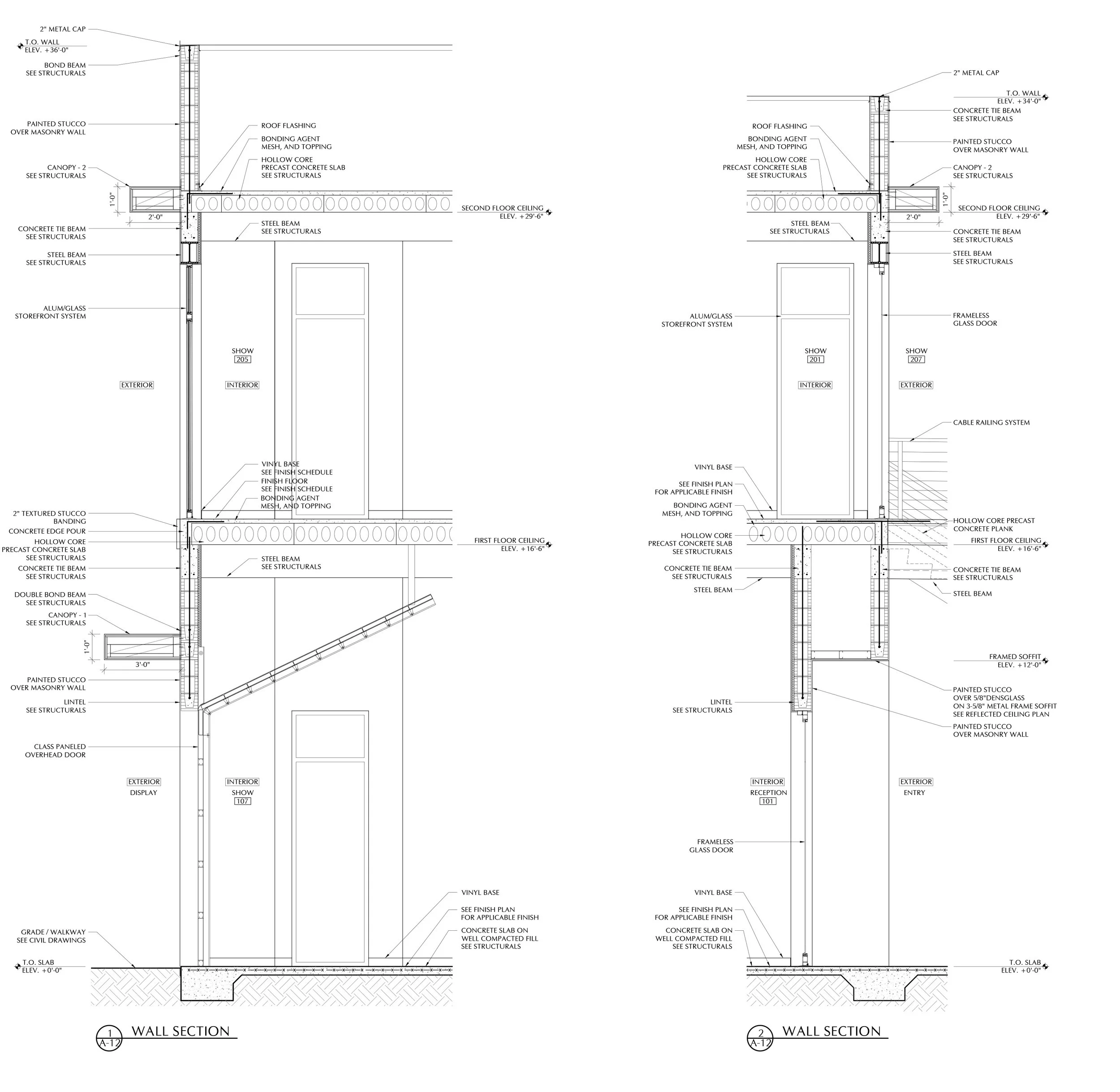 Architectural wall section drawings showing construction details of a multi-story building, including wall layers, structural elements, doors, ceilings, and finishes.