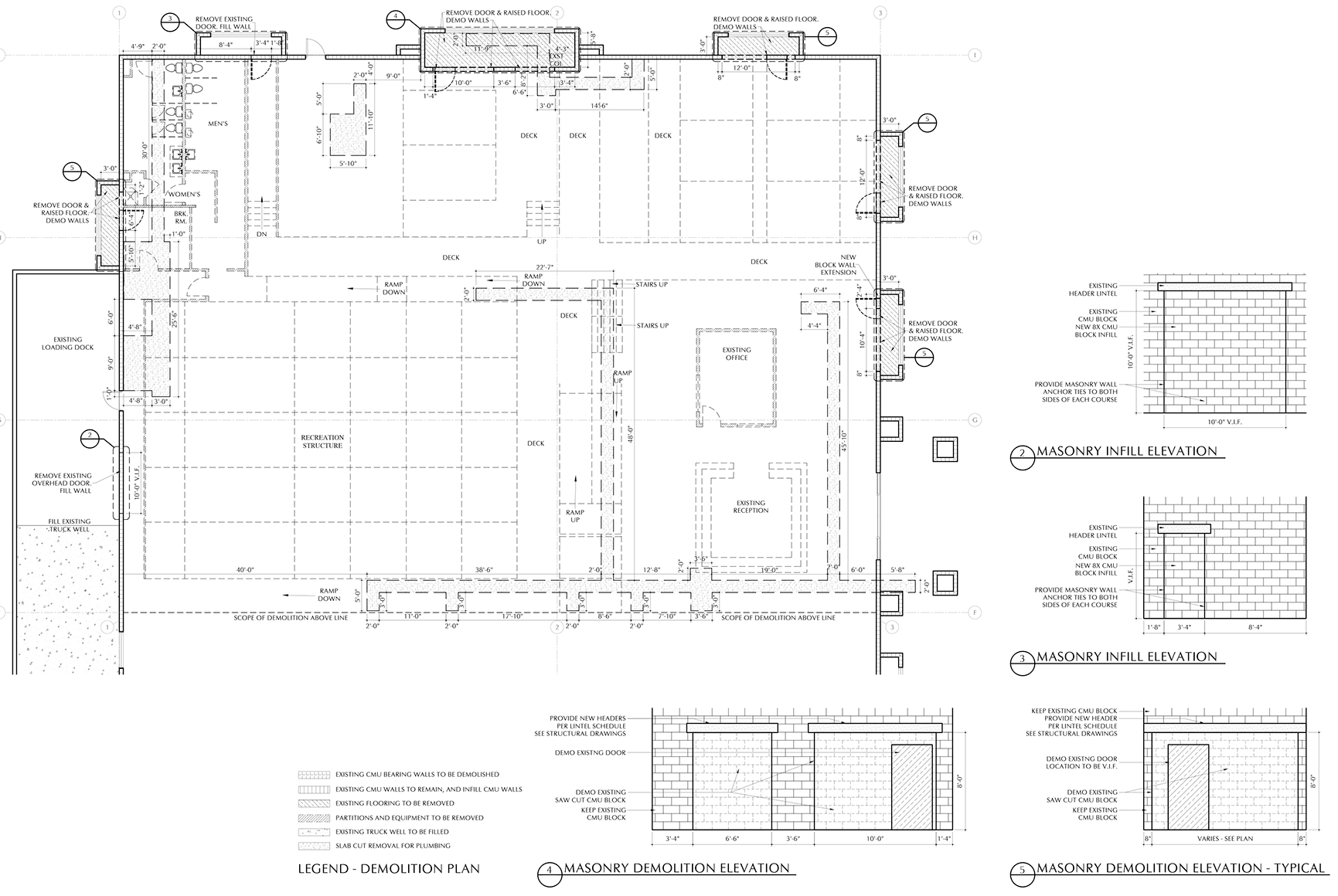 Blueprint of a building renovation project, showing demolition plan, masonry infill elevation, and layout of existing structures, walls, decks, and stairs.