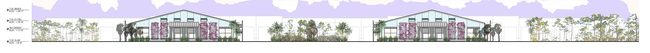 Architectural drawing of a building with landscaped surroundings, including palm trees and various plants, showing front elevation views from two sides.
