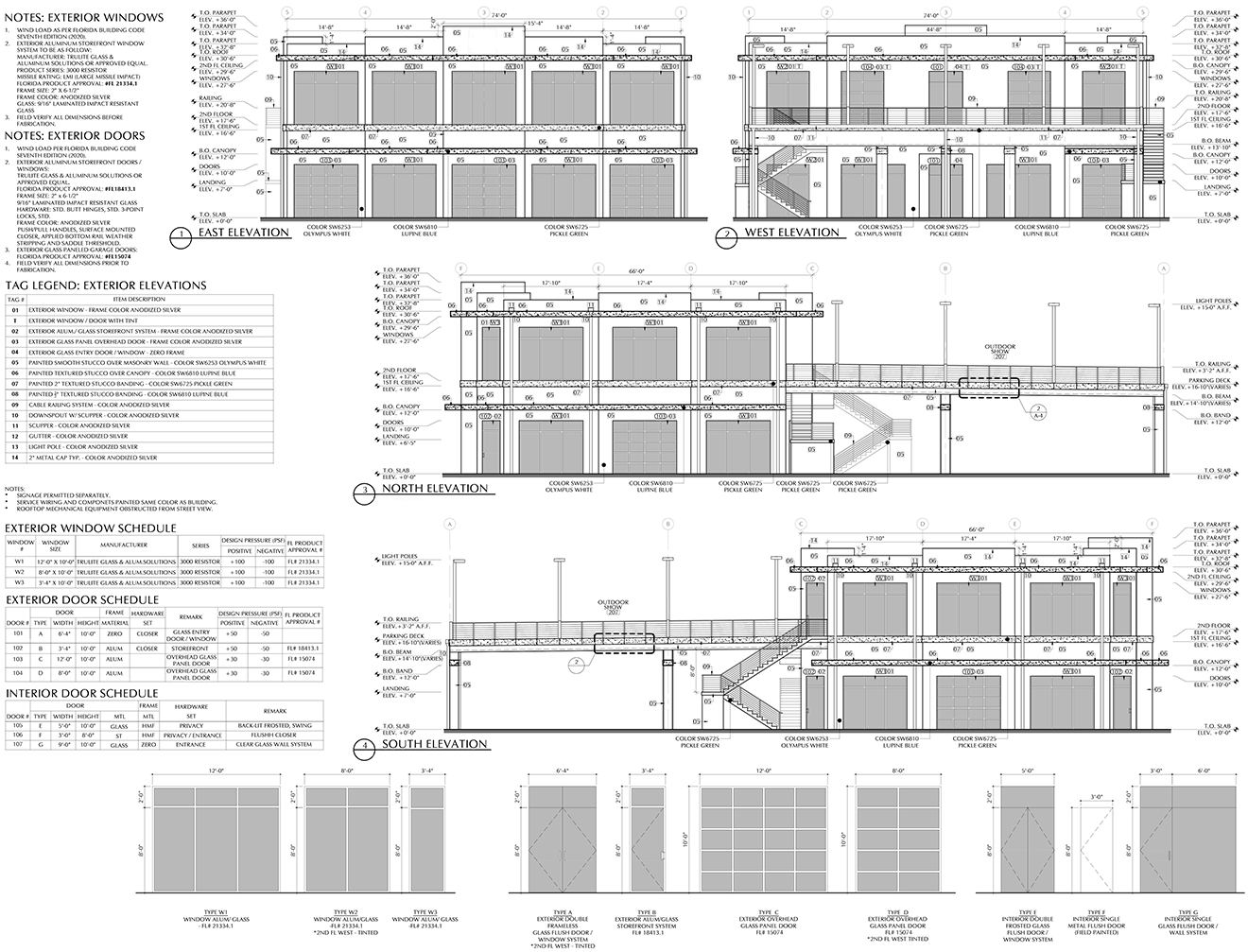 Architectural blueprint of a building facade showing detailed exterior elevations, window and door schedules, and notes on materials and construction details. The blueprint includes east, west, north, and south elevation views with precise measurements, color specifications, and tag legends for exterior elements.