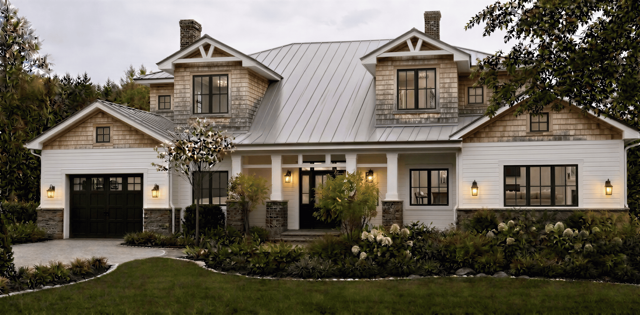 New England custom carriage home with multiple cladding materials including shakes, siding, and stone